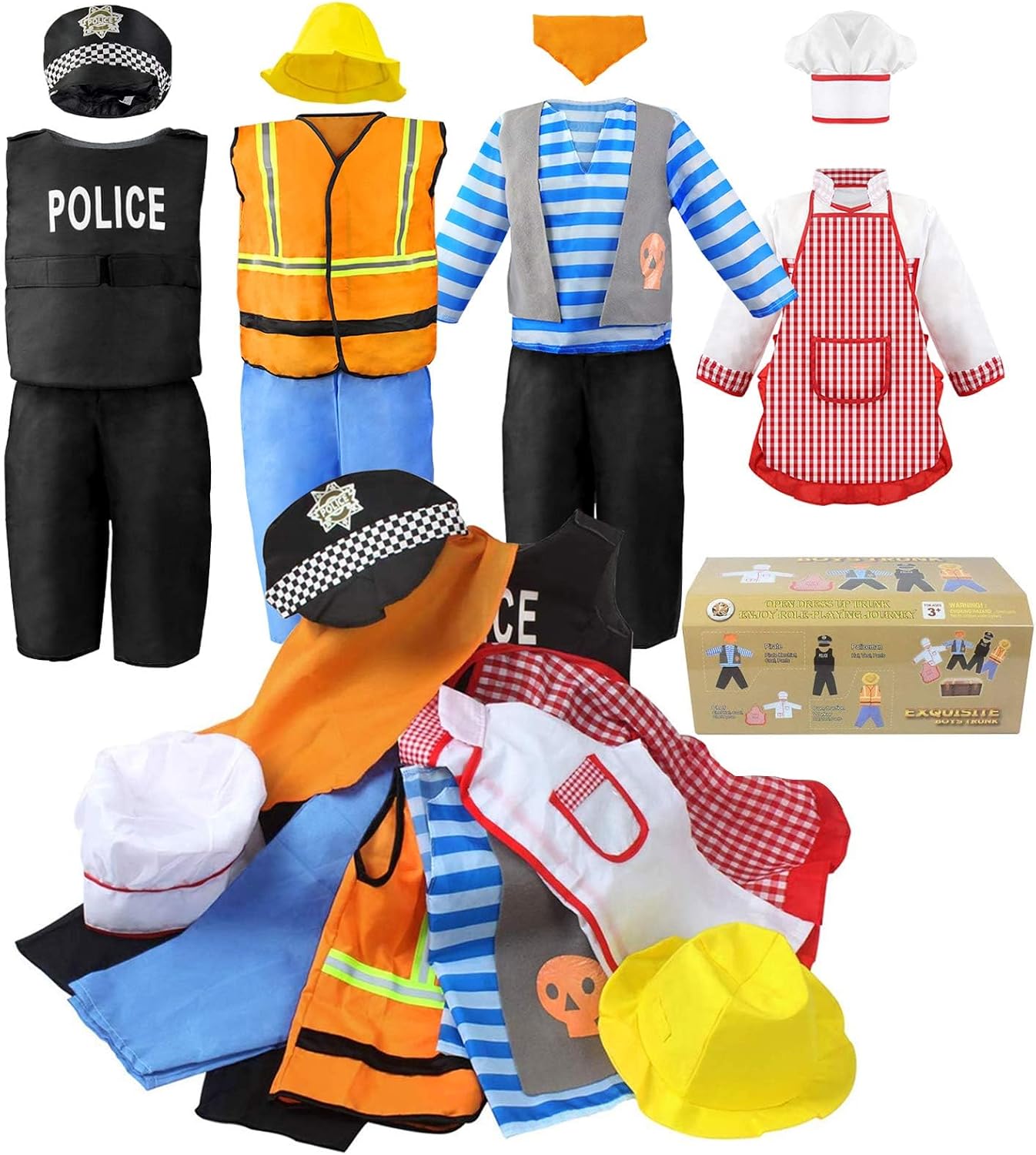 Jeowoqao Boy’s Dress Up Costumes Set, Kids Role Play Set 11pcs Dress Up Trunk Pirate, Chef, Construction Worker, Policeman Costume For Kids Girls Toddler Age 3 4 5 6 Christmas Birthday Gift
