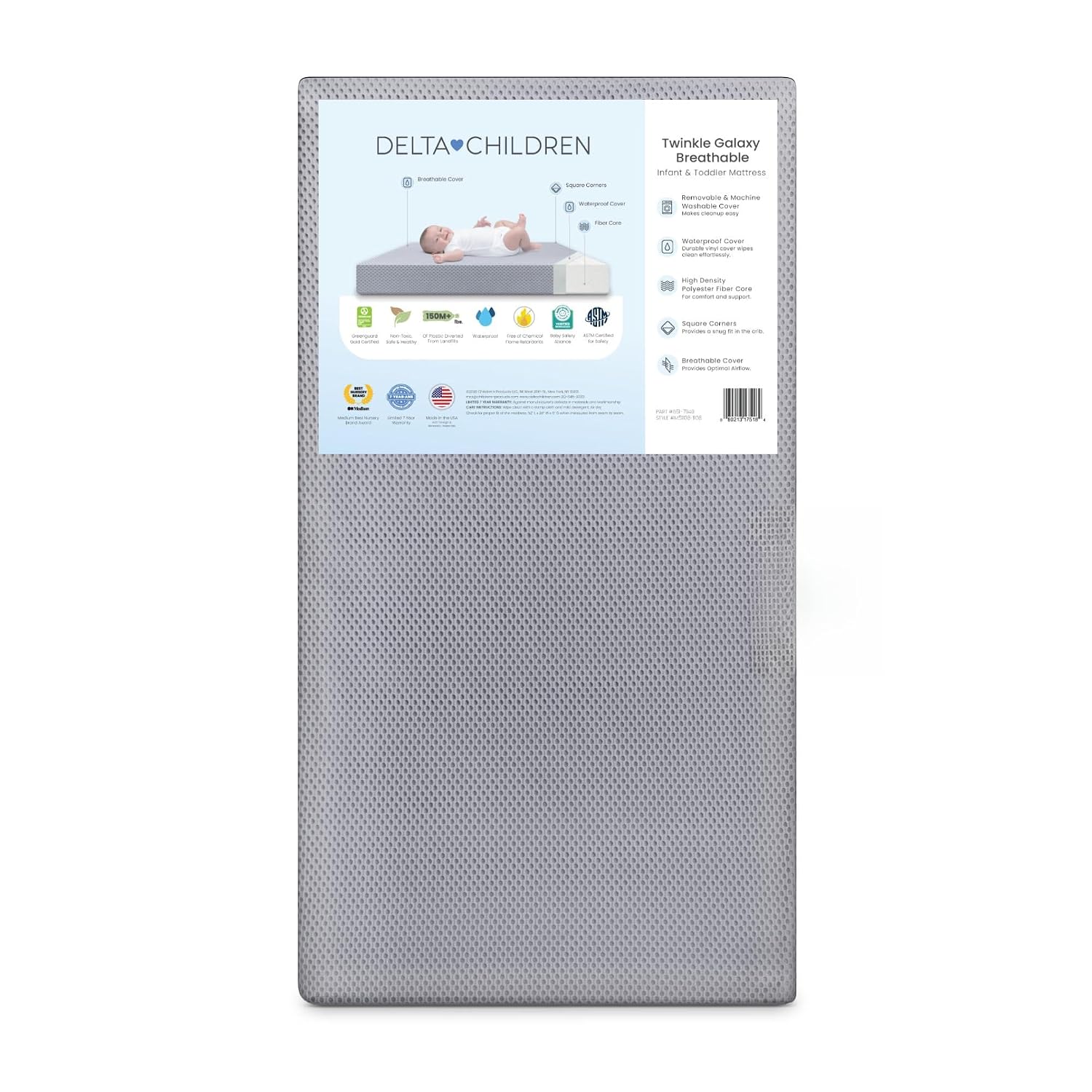 Delta Children Twinkle Galaxy Breathable Crib Mattress and Toddler Mattress – Breathable Cover and Fiber Core, Machine Washable Cover, Waterproof, 7 Year Warranty, Made in USA