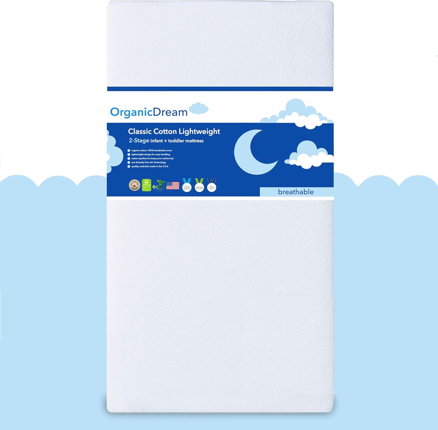 ORGANICDREAM Crib Mattress + Toddler Bed – 100% Breathable Proven to Reduce Suffocation Risk, Hypoallergenic, GREENGUARD Certified – Lightweight 2-Stage Removable Cover – Deluxe 6″ Thick – White