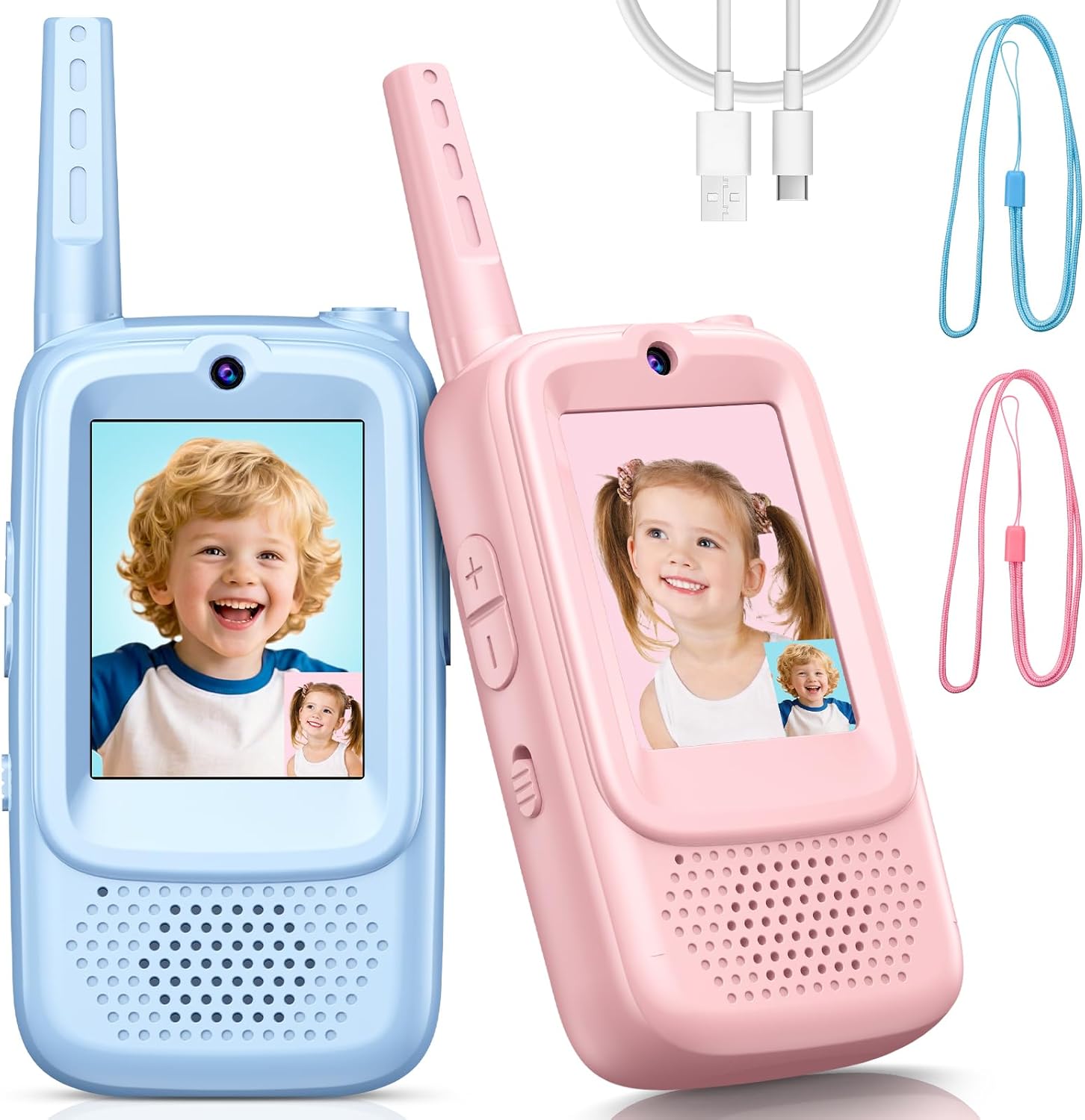 Video Walkie Talkies for Kids, 2 Pack Rechargeable Walkie Talkies with Screen and 4 Voice Changer, Christmas Birthday Gifts for Boys and Girls Ages 3-12, Indoor Outdoor Toys for Family Games, Camping