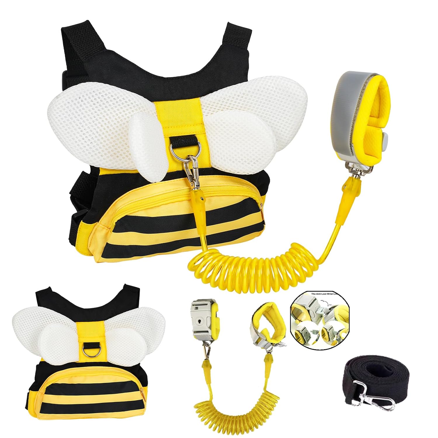 Toddler Harness with Anti Lost Wrist Link – 3-in-1 Baby Safety Leash Backpack, Adjustable Kids Walking Belt with Pocket,Child Locking Wristband for Boys & Girls for Outdoor Travel, Yellow Bee
