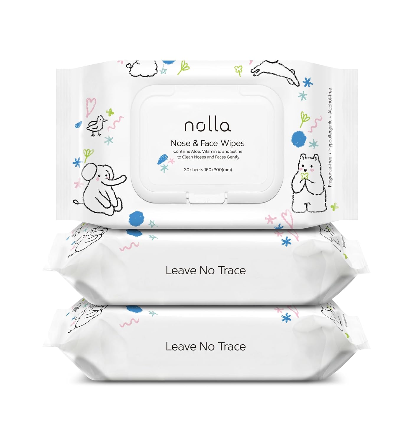 Nolla Nose and Face Wipes for Babies & Kids with Saline, Vitamin E, & Aloe | Unscented | Compostable, 90 Count (3 Packs of 30)