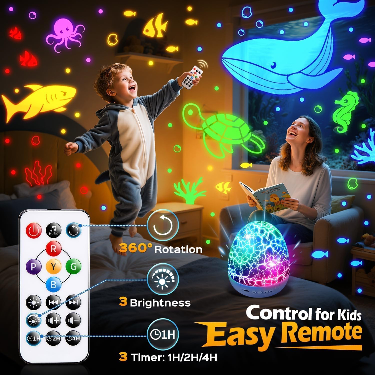 PIKOY Excavator Toys Night Light Projector【15 Sounds & 6 Films】Kids Construction Toys Truck Night Lights [31 Colors & Remote] Dinosaur Egg Light for Nursery Boys Kids Toddler Birthday Gifts 1-10 Years