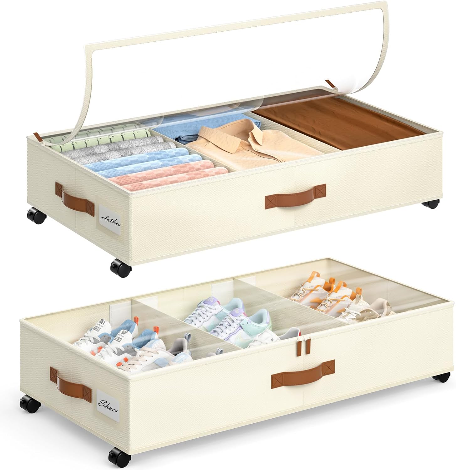 Yecaye Under Bed Storage with Wheels, 2 Pack Under Bed Storage Containers with Adjustable Dividers & Clear Lid, Rolling Underbed Organizer Bins Drawer for Clothes, Shoes, Blankets(30.3 x 16 x 6.7in)