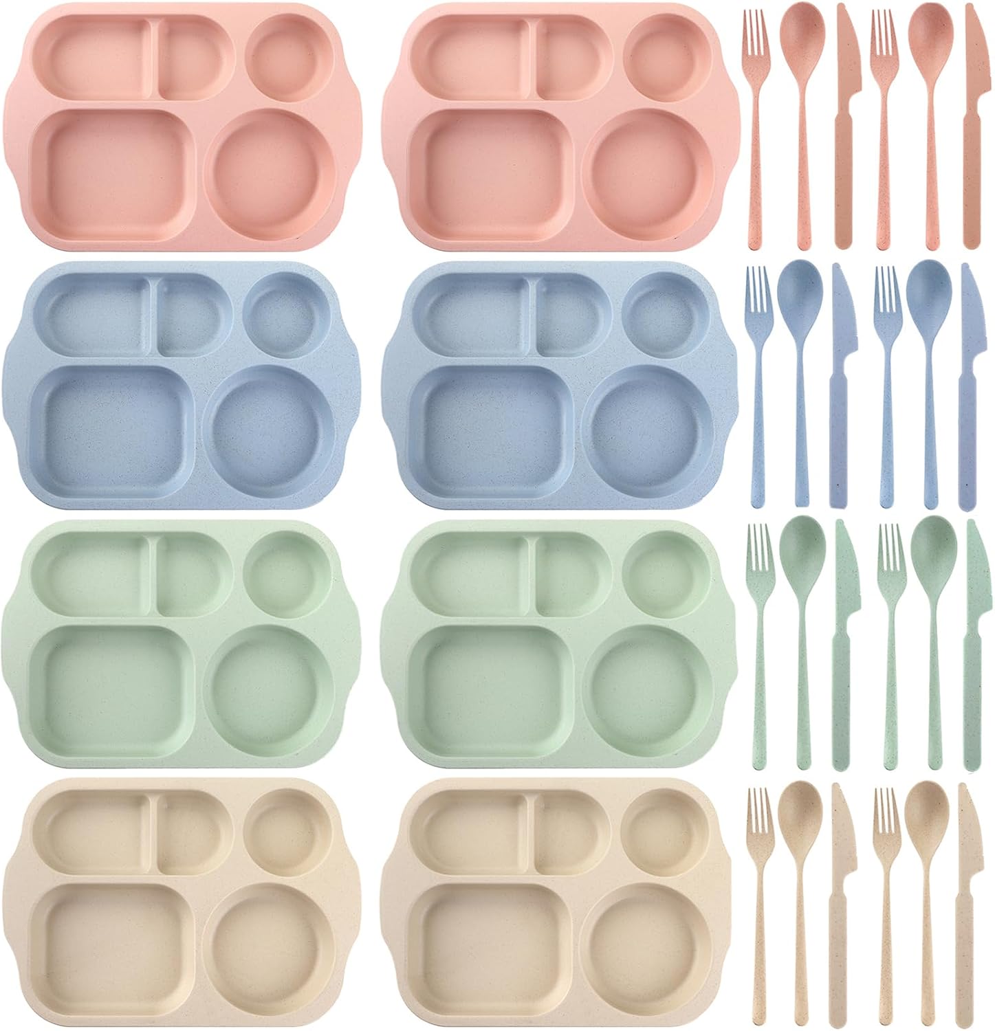 Nicunom 8 Pack Unbreakable Divided Plates for Kids Adults, 12 Inch Reusable Compartment Plates with Utensils, Wheat Straw Portion Control Plate, Dishwasher and Microwave Safe, BPA Free