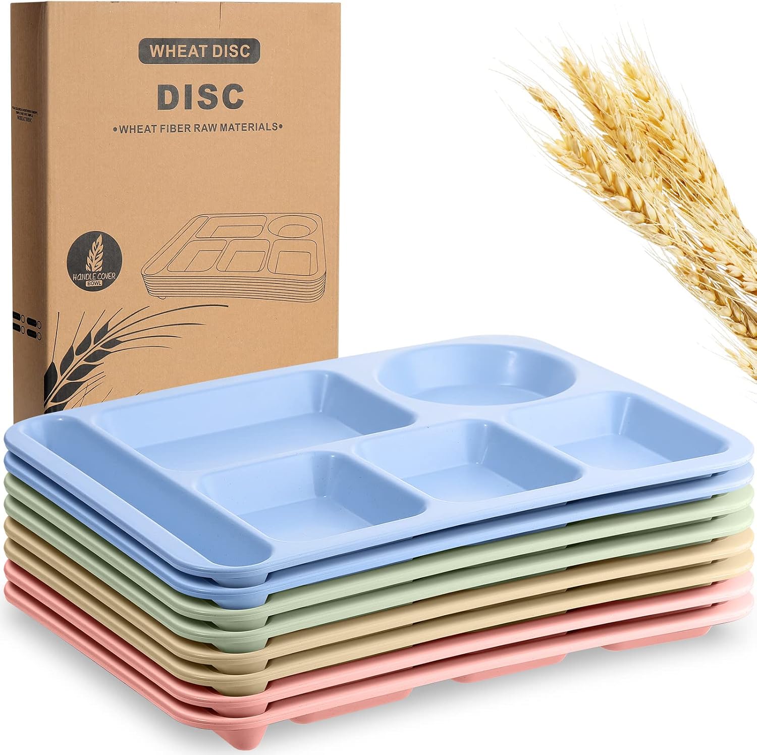 Pinkunn 8 Pcs Large 14 Inch Unbreakable Divided Plates for Kids Adults Wheat Straw Tray Dishwasher Microwave Safe Reusable Compartment Plates(Multicolor)