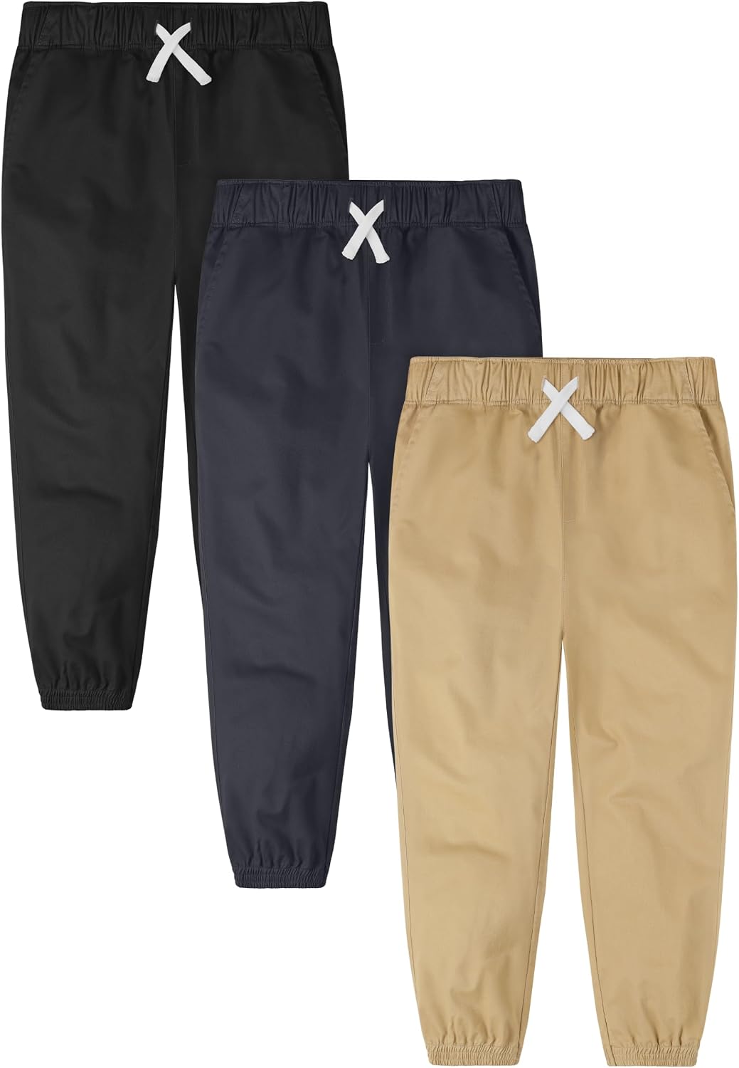 Resinta 3 Packs Boys’ Pull On Jogger Pants Kids School Uniform Pants Cotton Stretch Chino Fabric with Elastic Waist