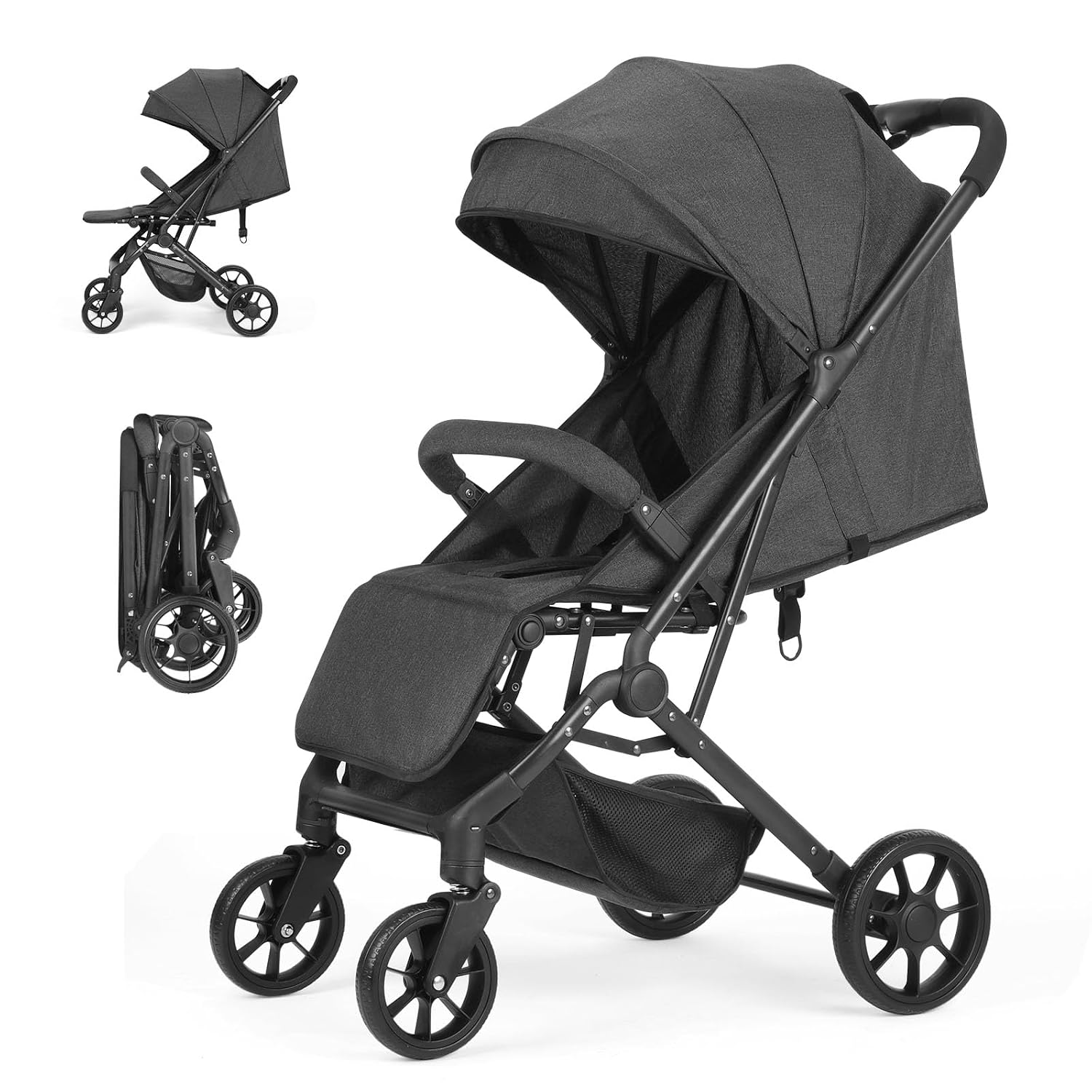 Compact Baby Stroller, Travel Toddler Seat Pushchair with Shock Absorbing Wheels, Foldable Infant Stroller with Canopy, One Button Brake, Convertible Infant Stroller for Toddler (Black)