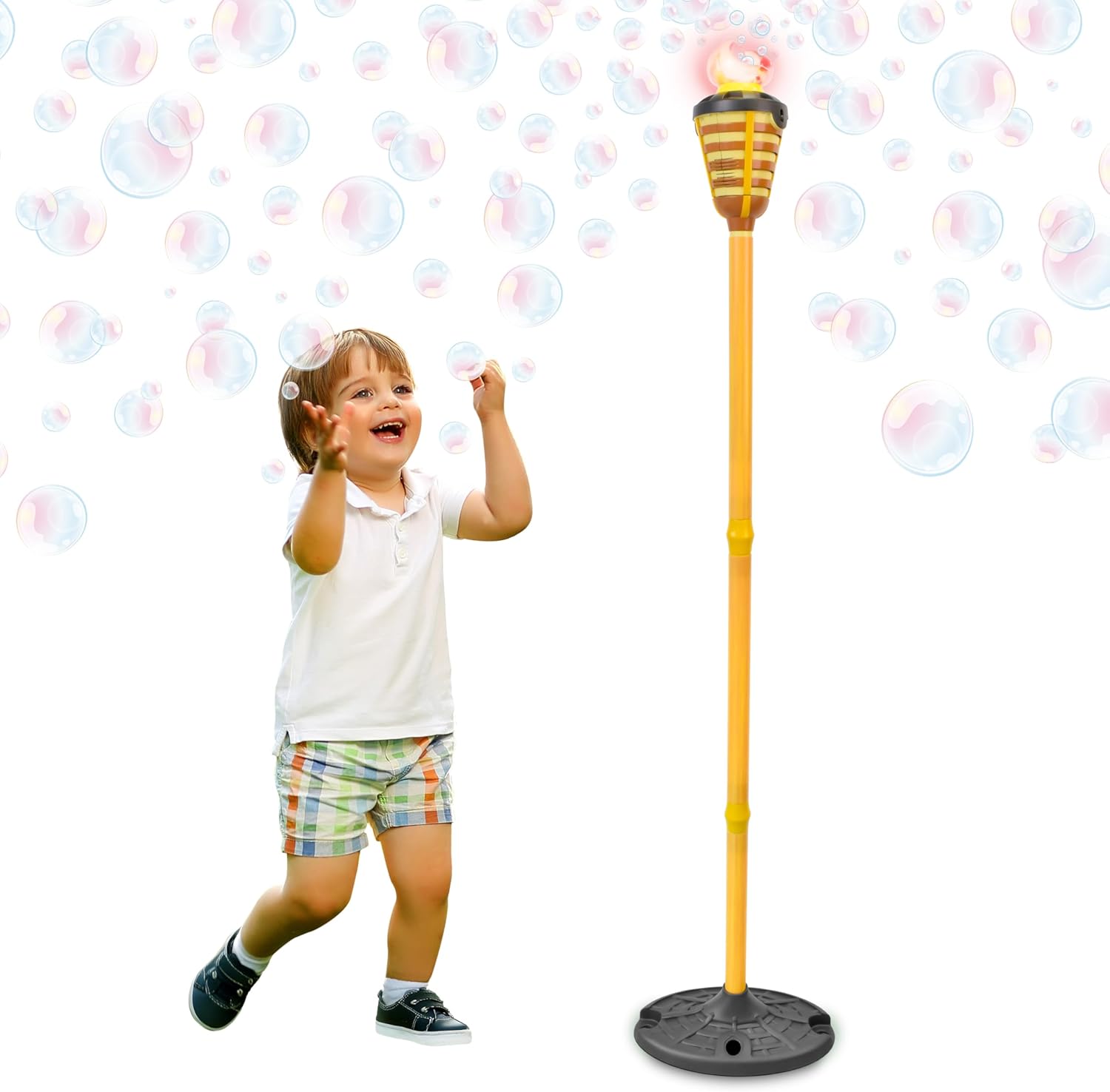 Tiki Torch Bubbler – Summer Pool Party Bubble Machine with Lights and Music, Bubble Blower and Wand, Rechargeable Outdoor Toy for Kids Teens Birthday Party, 4 Feet Tall, Includes 4oz Bubble Solution