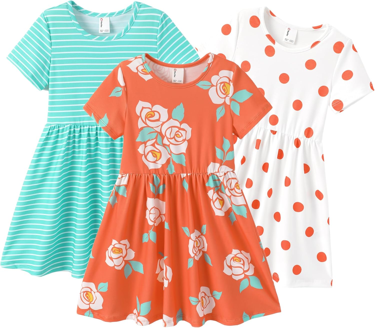 PATPAT Toddler Girl Floral Skater Multipack Dresses 3-Pack Polka Dots Short Sleeve Priness A-line Dress