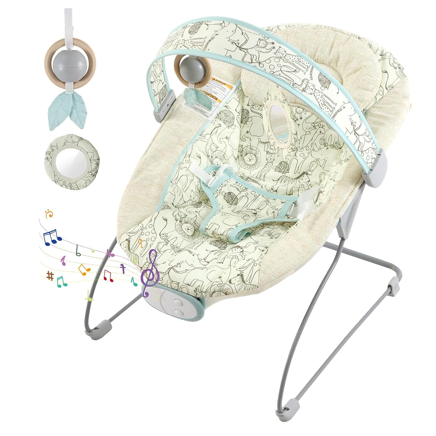 Portable Baby Bouncer Seat with 8 Melodies, 3 Vibration Levels & Adjustable Volume, Foldable Infant Bouncer Rocker with Safety Harness for Baby 0-6 Months, Indoor & Outdoor Use BR2404