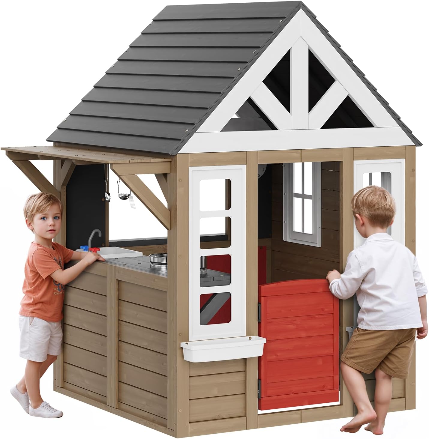 VEVOR Outdoor Wooden Playhouse, Modern Cedar Playhouse for Age 3-10 Years Kids, Garden Games Cottage, Country Style Cedar Playhouse with Working Door, Window, Flower Pot Holder, Grill, Stove, and Sink