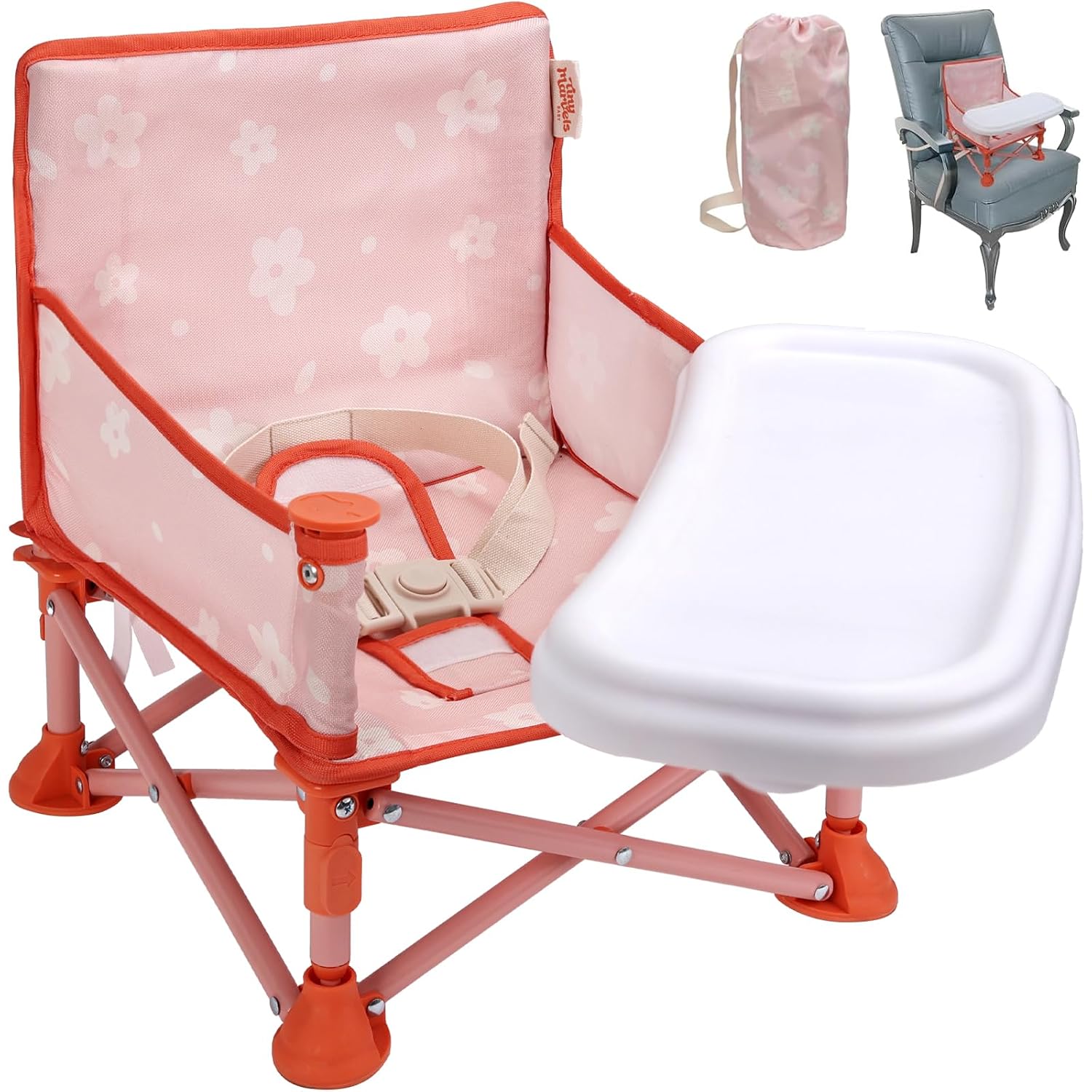 Tiny Marvels 3-in-1 Portable Baby Chair, Foldable Booster Seat with Removable Tray, Safety Harness & Carry Bag for Dining, Travel, Camping, Beach, 6M-3Y (Blush Petals)
