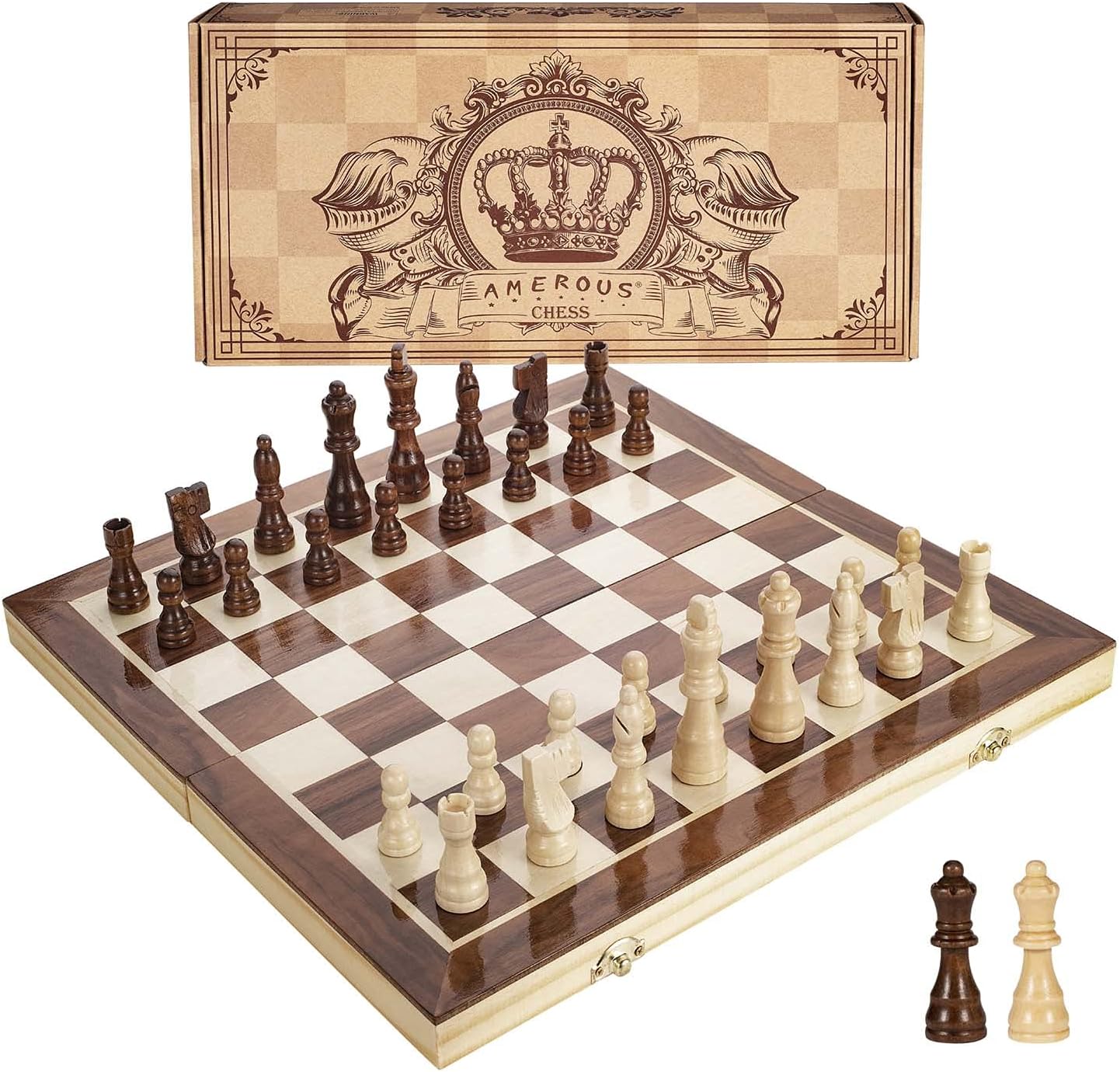 AMEROUS 15 Inches Magnetic Wooden Chess Set – 2 Extra Queens – Folding Board – Pieces Storage Slots, Handmade Portable Travel Chess Game – Beginner Chess Set for Kids, 6 up Age