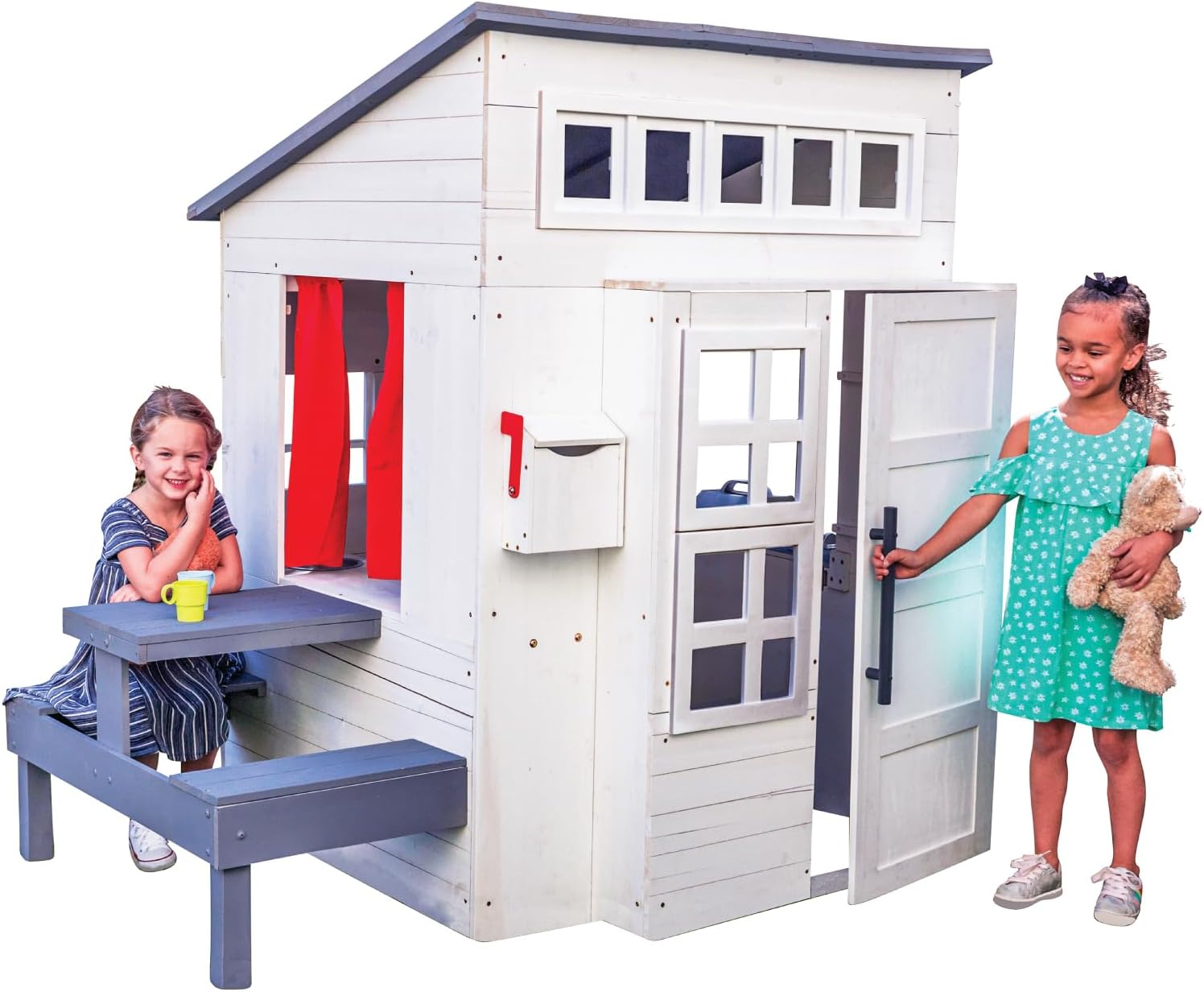 KidKraft Modern Outdoor Wooden Playhouse with Picnic Table, Mailbox and Outdoor Grill, White