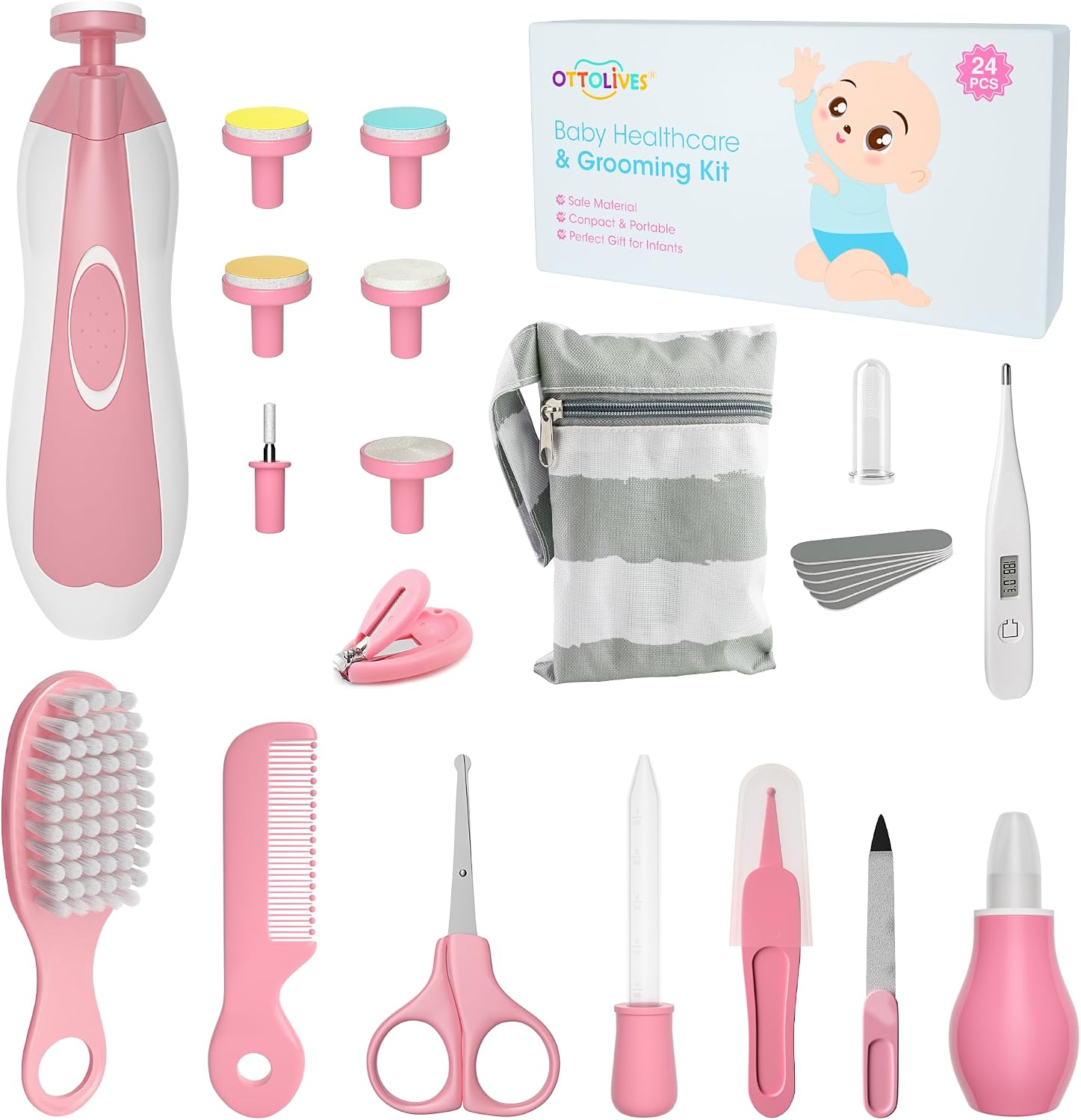 Baby Healthcare and Grooming Kit, 24 in 1 Baby Electric Nail Trimmer Set Newborn Nursery Health Care Set for Newborn Infant Toddlers Baby Boys Girls Kids Haircut Tools (0-3 Years+) (Pink)