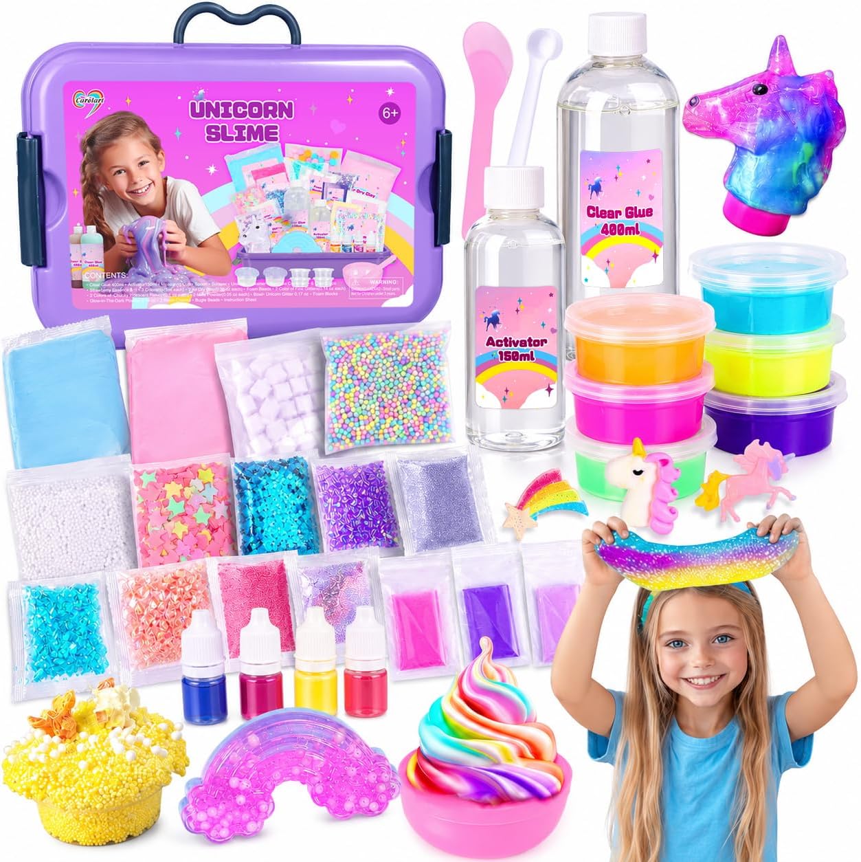 Carolart Unicorn Slime Kit for Girls, DIY Slime Making Kit Toys for Girls | Includes glue, activator, slime supplies, foam beads, charms, storage case and squeeze toys for creative sensory play