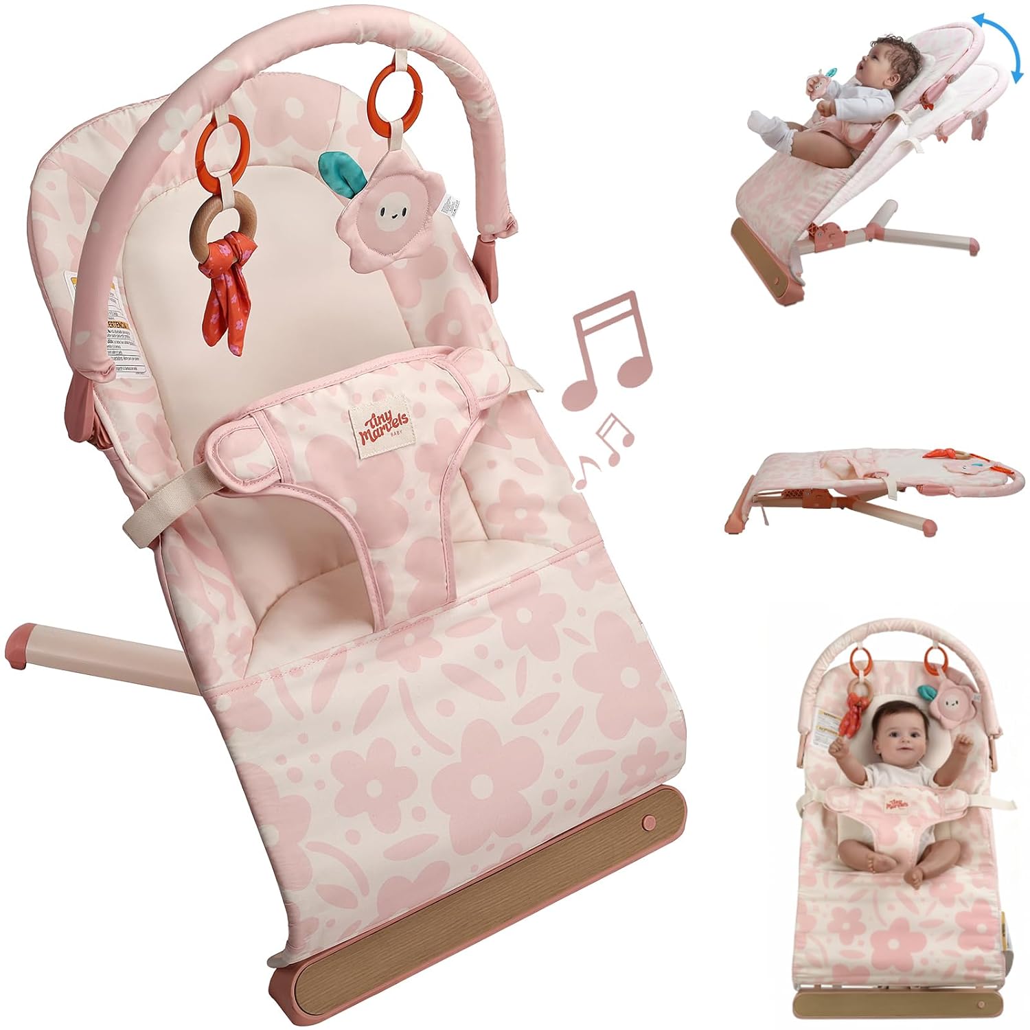 Tiny Marvels Baby Bouncer, Portable Infant Bouncer Seat with Soothing Music & 3-Point Harness, Foldable and Lightweight for Newborn to Toddler 0-12 Months, Under 20 lbs