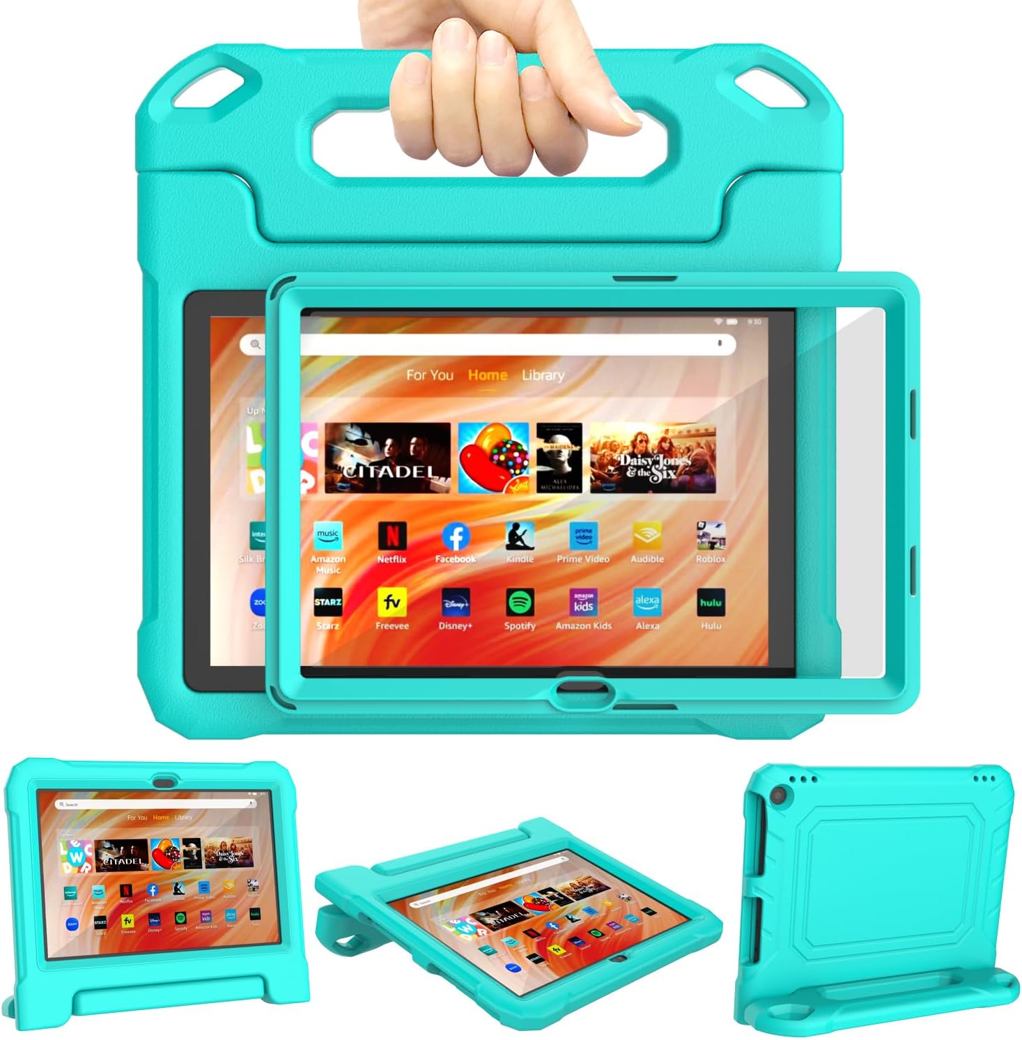 DJ&RPPQ Kids Case for 10in Tablet Case for Kids,Shockproof Kid-Proof Cover with Screen Protector Handle Stand, Turquoise