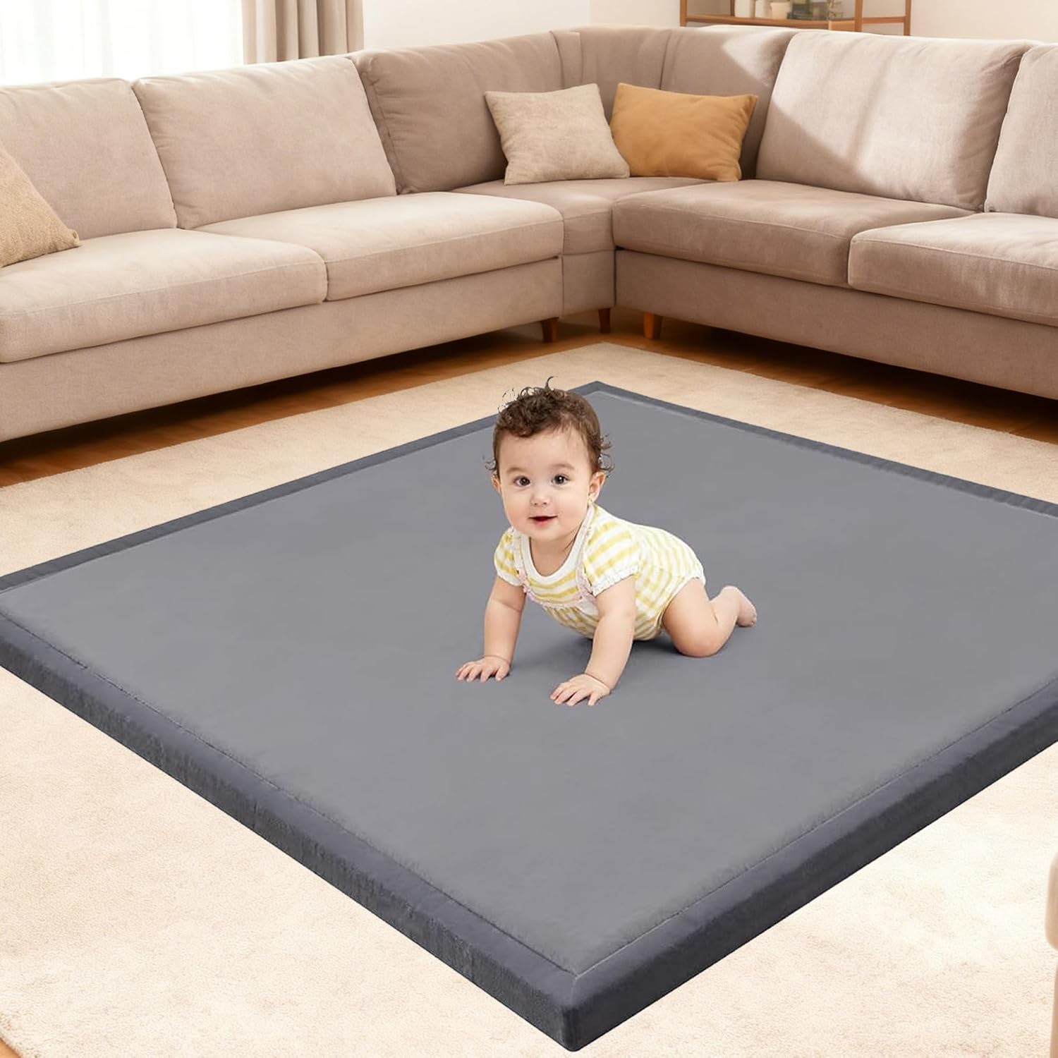 Ultra Soft Baby Play Mat for Floor, 50″x50″ Playpen Mat, 1.3″ Thick Memory Foam, Non-Slip Tummy Time Mat for Infants, Toddlers, and Kids – Water-Repellent Coral Velvet, Easy Care
