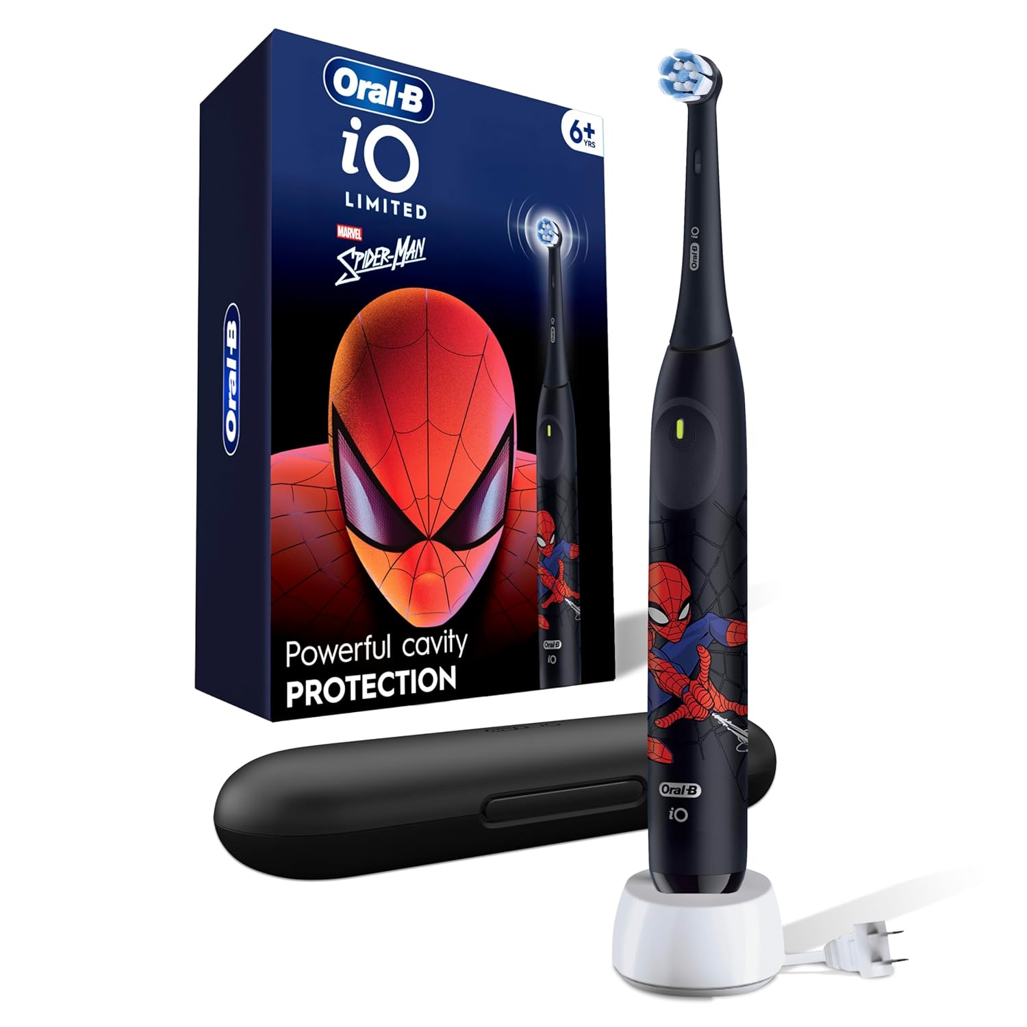 Oral-B iO Kids Limited Rechargeable Electric Powered Toothbrush, Spiderman with 1 Gentle Care Brush Head – Automatic Pressure Sensor to Protect Gums – 3 Cleaning Settings – 2 Min Music Timer