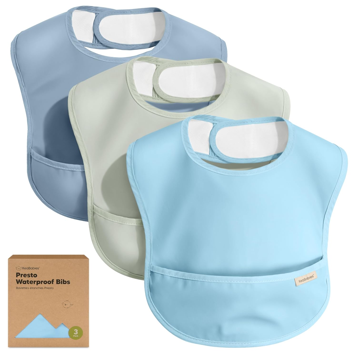 KeaBabies 3-Pack Waterproof Baby Bibs for Eating, Lightweight (Ocean) | Toddler Feeding Bibs with Large Food Catcher, Mess Proof, Food-Grade, Baby Eating Essentials, Easy to Put On & Clean