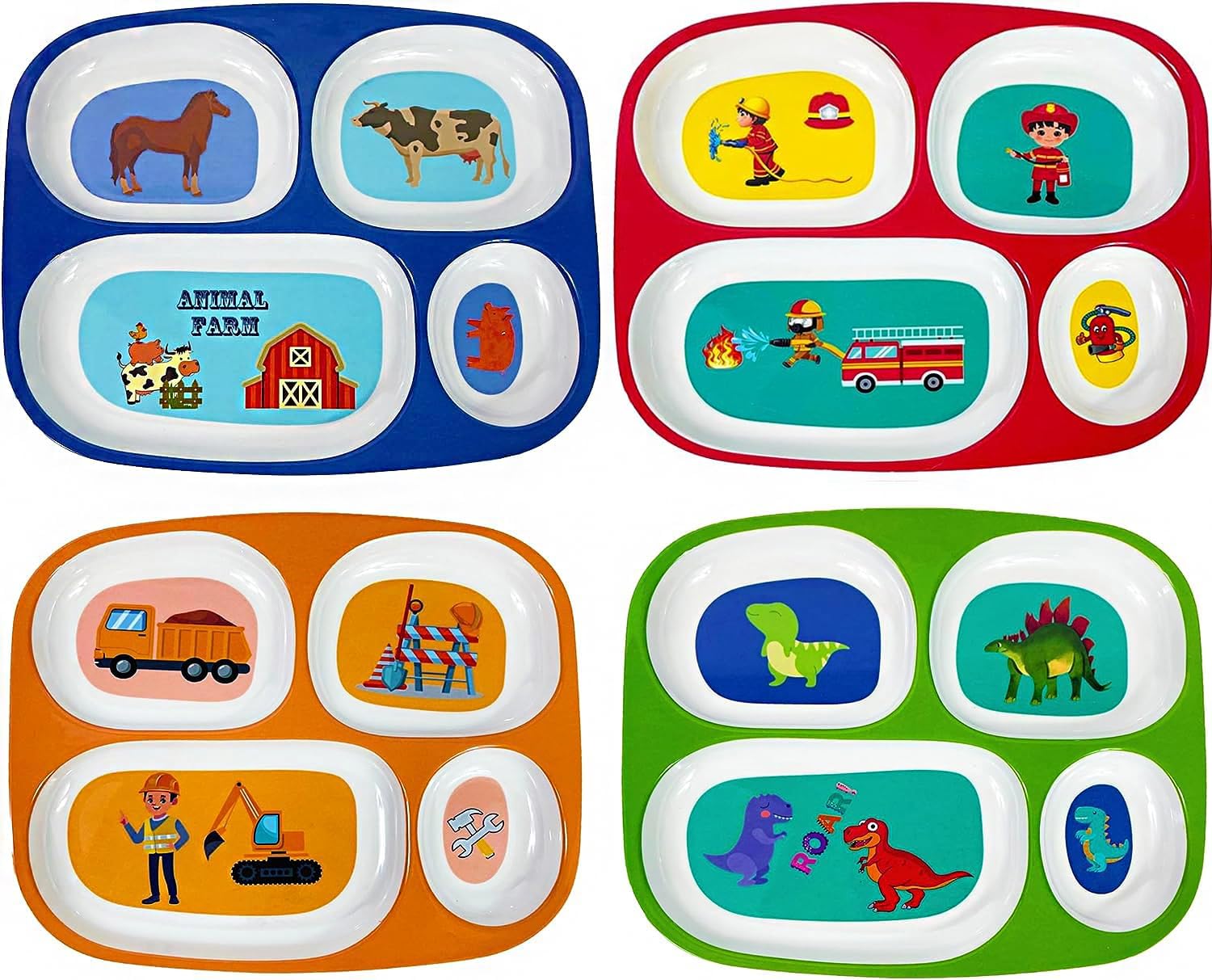 4E’s Novelty Set of 4 Melamine Dinner Plates for Kids Boys – Divided Plates for Picky Eater, BPA Free, Toddler Eating Essentials, Boy Dinnerware Set