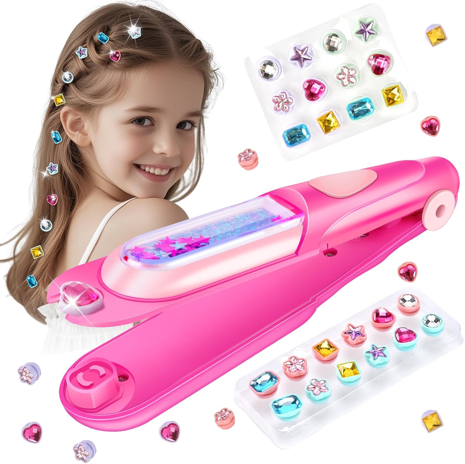 kidzkube Kids Hair Gem Stamper Kit, Bling Hair Jewels for Girls Toys, Hair Styling Tool with Reusable Shining Diamonds, Birthday Gifts Toys for Girls Ages 3 4 5 6 8-12, Bedazzling Kit Gifts for Kids