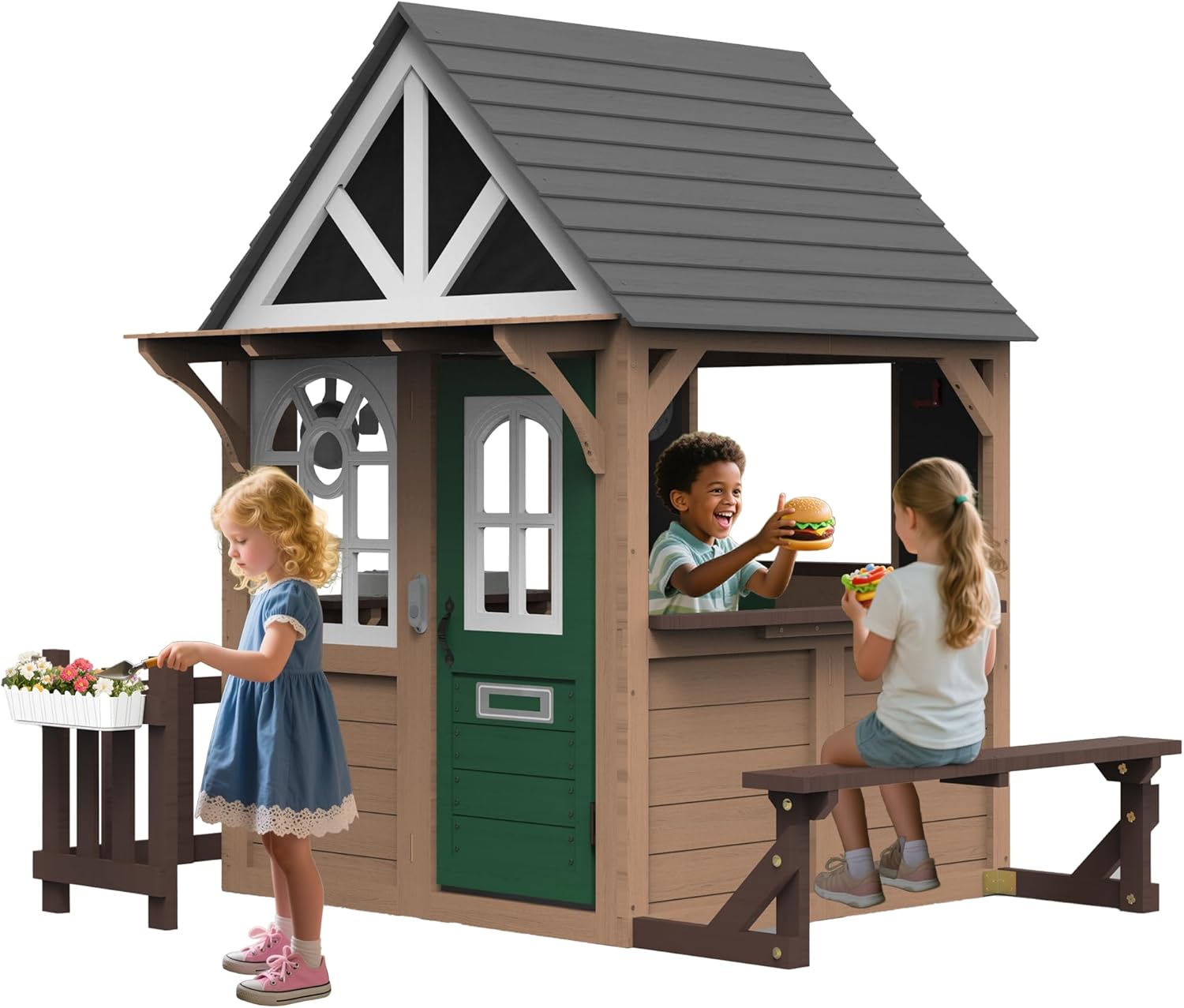 Seizeen Outdoor Play House for Kids, Fir Wooden Kids Playhouse Outdoor Indoor Cottage Toddler Playhouse with Kitchen, Dutch Door, Bench, Flowerpot Holders, Working Doorbell, Pet Hole, Clock (Brown)