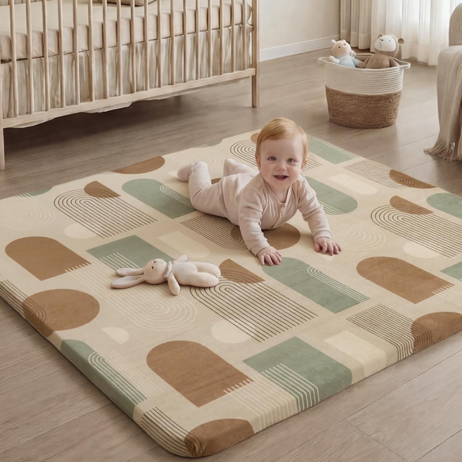 Blissful Diary 1.3″ Thick Baby Play Mat, 50×50 Playpen Mat with Removable & Washable Cover, Ultra Soft Crawling Rug for Floor, Foam Cushion & Non-Slip Backing for Kids, Toddlers, Earth Tone Rainbow