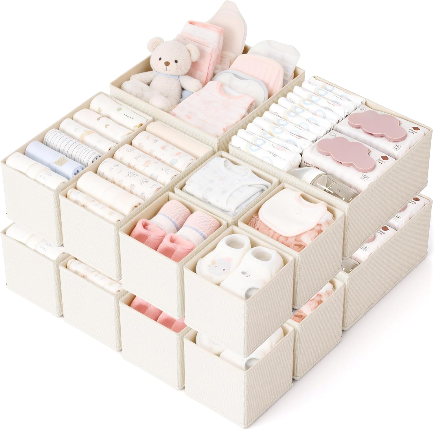 Drawer Organizer, 16 Pack Baby Dresser Organizer for Nursery, Foldable Closet Organizers and Storage Dresser Dividers for Clothes, Socks, Scarves, Ties (Beige)