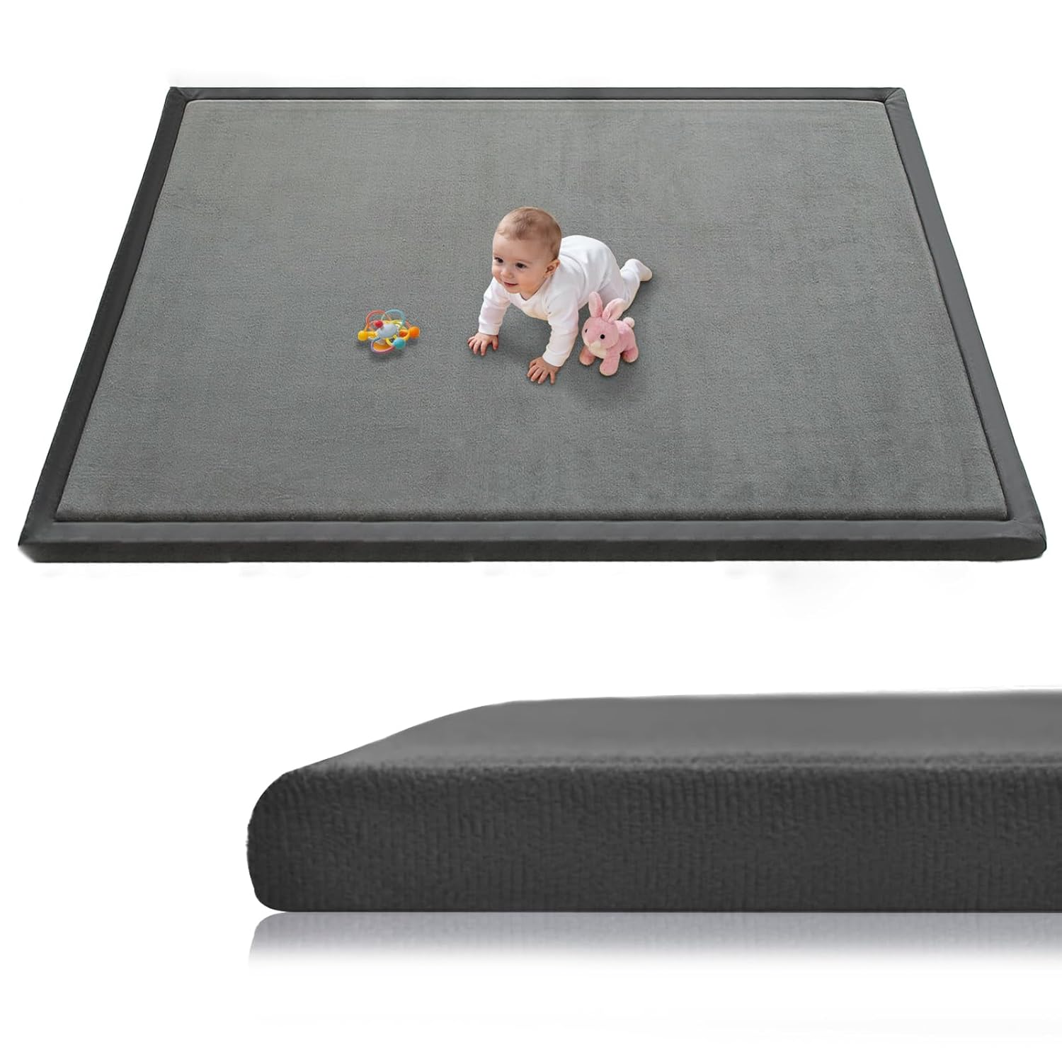 Baby Play Mat for Floor, 71” x 59” Thicken Foam Soft Padded Playmat for Tummy Time, Playpen Mat for Toddlers Infant Kids, Water-Repellent Coral Velvet, Non-Slip Bottom Safe for Crawling (Dark Grey)
