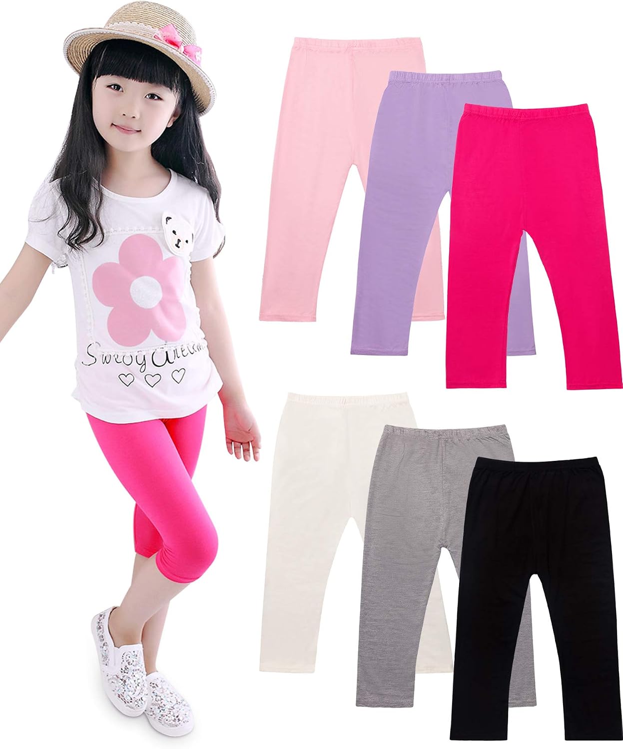 6 Pieces Girls Capris Leggings Crop Summer Leggings for School Wearing