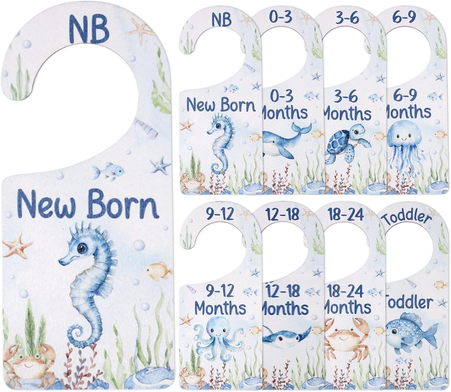 Baby Closet Dividers 8PCS, Under The Sea/Ocean Animal Theme Wooden Double-Sided Clothes Size Hanger Organizer from Newborn to Toddler for Nursery Decor Baby Shower Birthday Gift