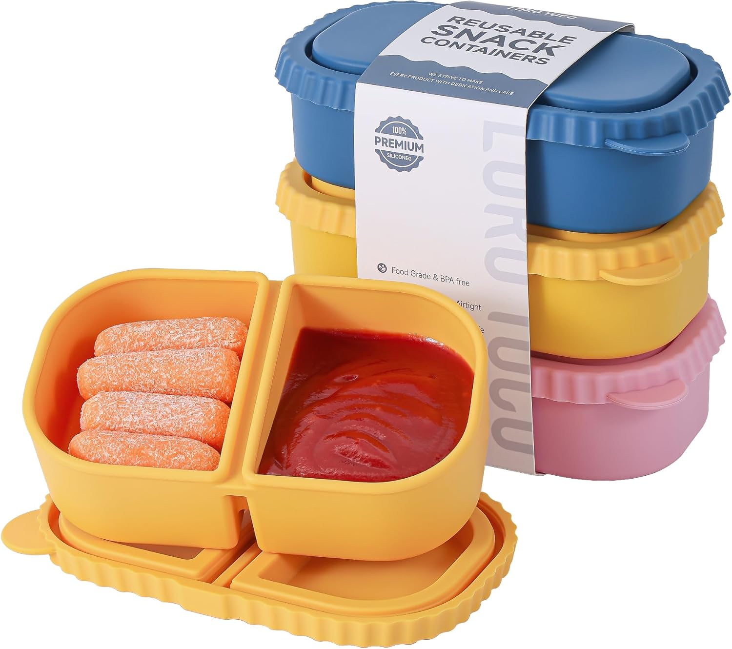 3 Pack Silicone Reusable Snack Containers with Lids – 8 oz Double Compartment Snackle Box for Kids & Adults, BPA-Free & Leakproof, Small for Dressing, Snacks, School, Office, Picnic