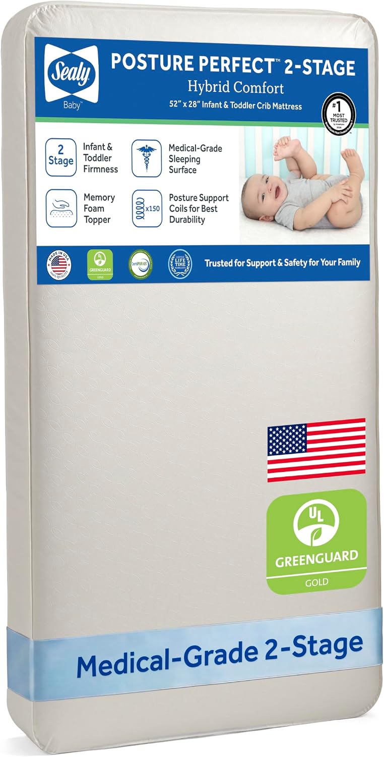 Sealy Baby Posture Perfect Breathable Crib Mattress, GREENGUARD Gold Certified, Made in USA, 2 Stage Hybrid Memory Foam & 150 Premium Coils, Toddler Bed Fit, Safety & Quality Tested, 52×28″