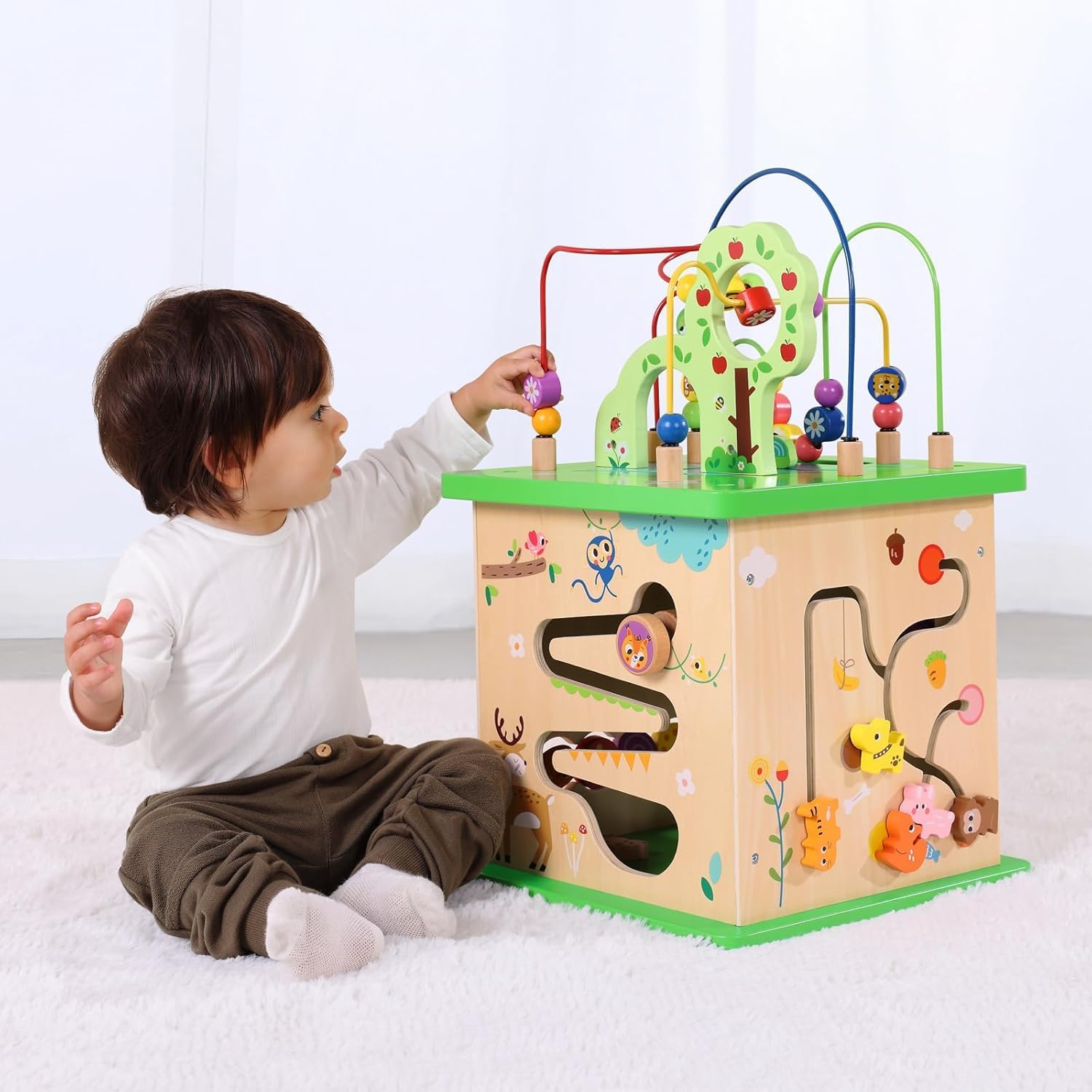 TOOKYLAND 5 in 1 Activity Center, Wooden Large Activity Play Cube 23″X13″X13″, Wooden Learning Puzzle Toy for Toddlers, with Animal Friends, Shapes, Mazes, Shape Sorter