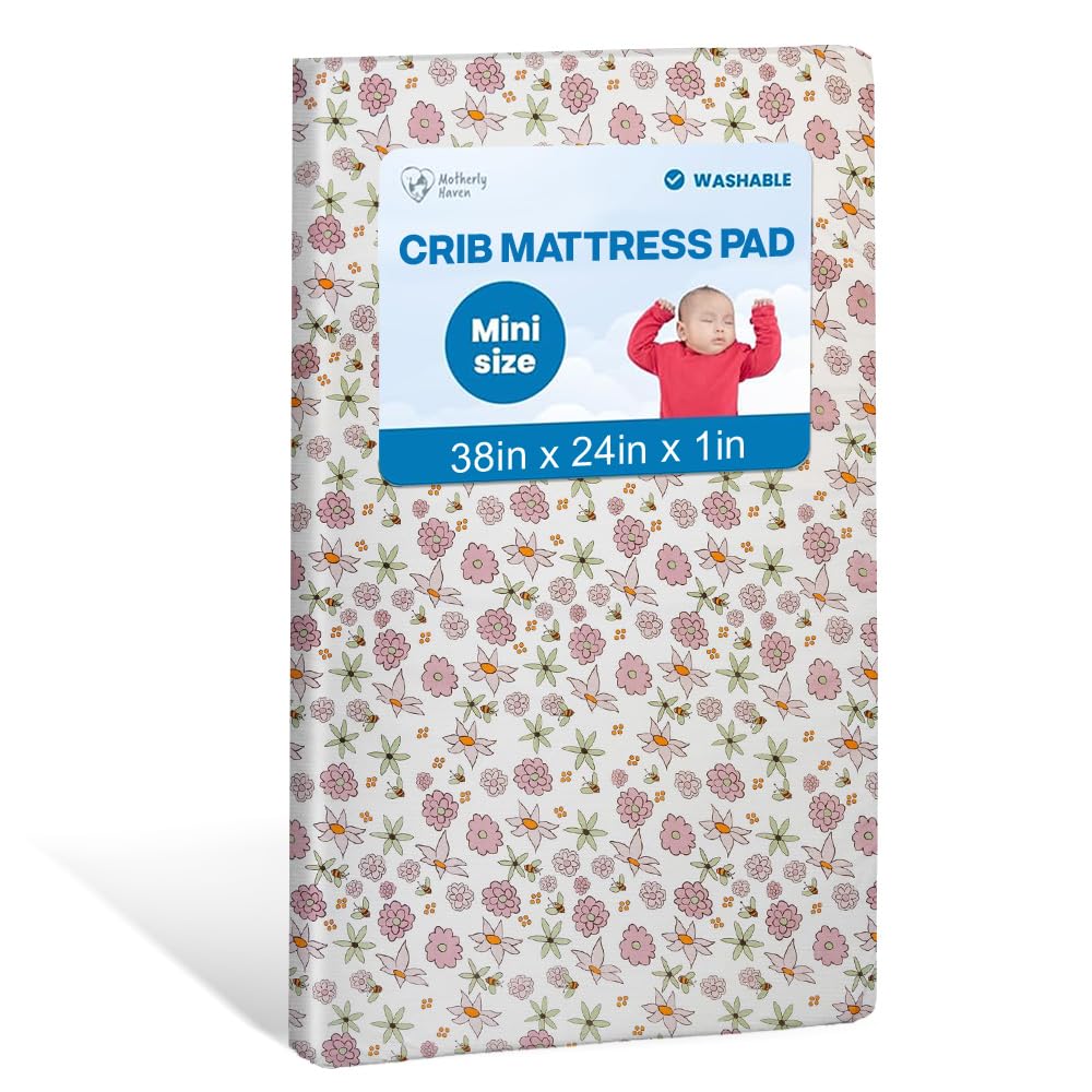 Motherly Haven Breathable Crib Mattress Pad, Washable High Rebound Foam Mattress Topper for Baby Cribs, Fits Standard Toddler Beds, Mini Size (38″ L x 24″ W x 1″ H), Flower Design