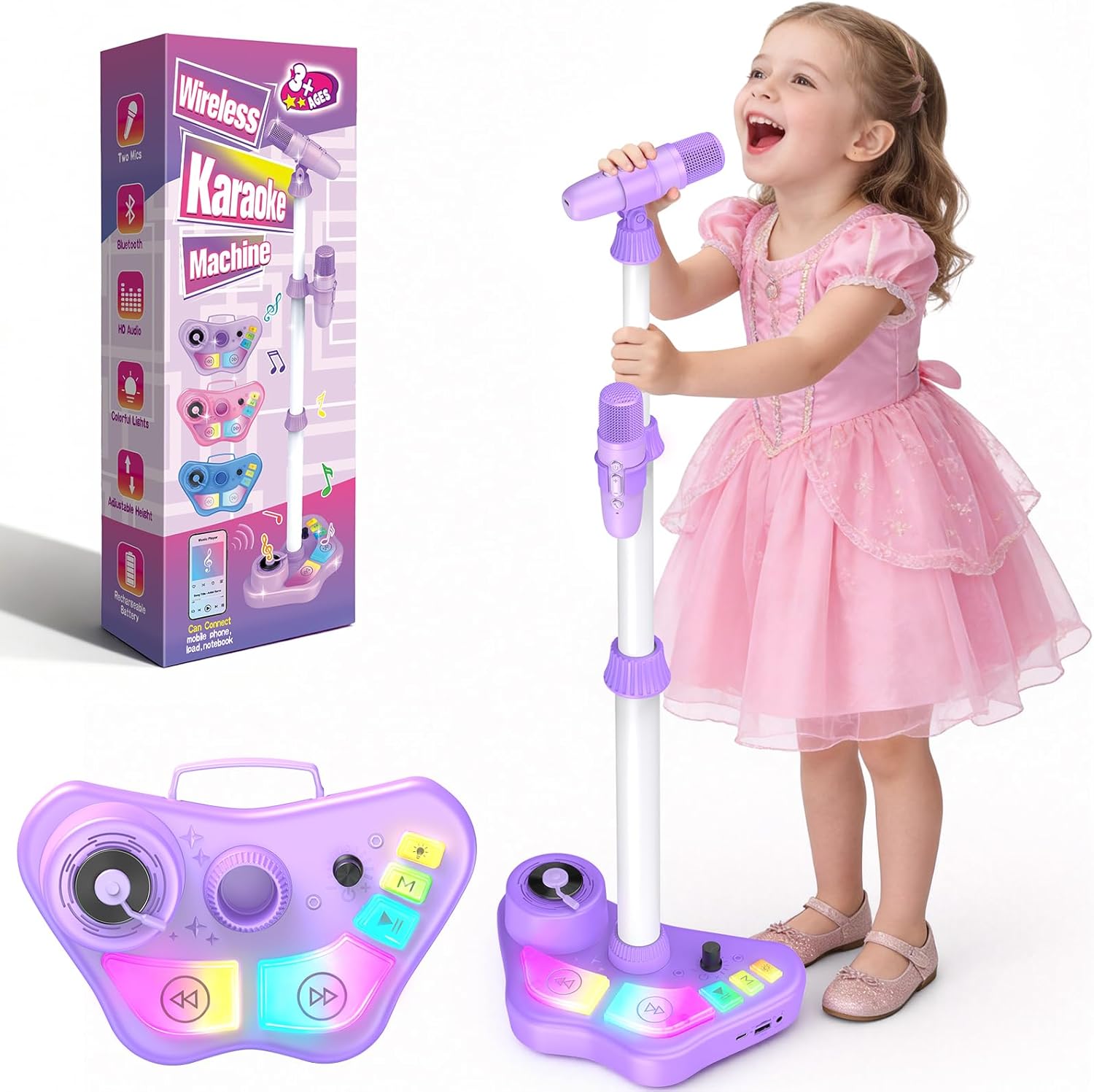 Stand Karaoke Machine for Kids, Singing Toys Gifts for 3 4 5 6 7 8 Year Old Girls Boys, Rechargeable Kid Microphone Bluetooth Speaker with 2 Wireless Mic for Girl Age 4-6 Toddler Birthday Party Toy