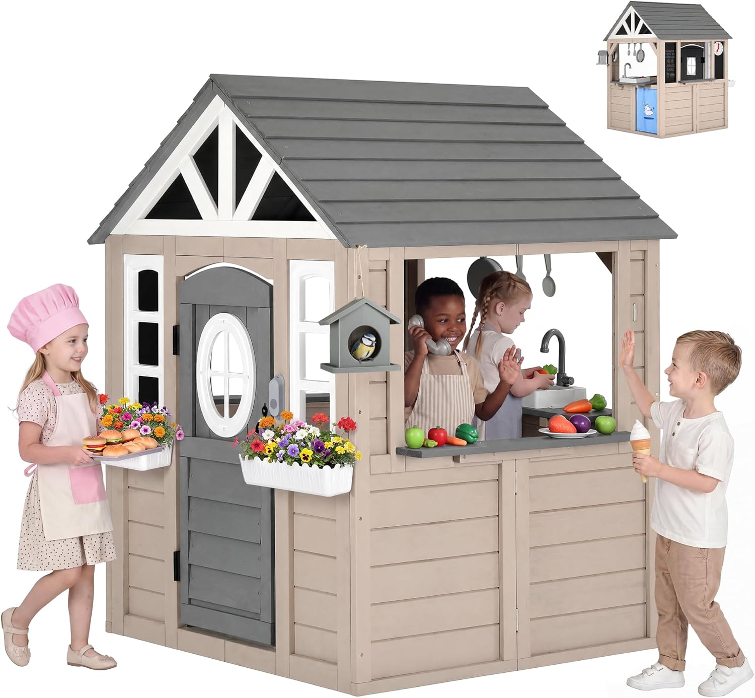 Firstness Outdoor Playhouse for Kids Wooden Cottage Play House Toddler Outdoor Playhouse for Kids Ages 3-8 Backyard Playhouse with Play Kitchen, Doorbell, Flowerpot, Bird Cage, Pet Door, Sink, Grey