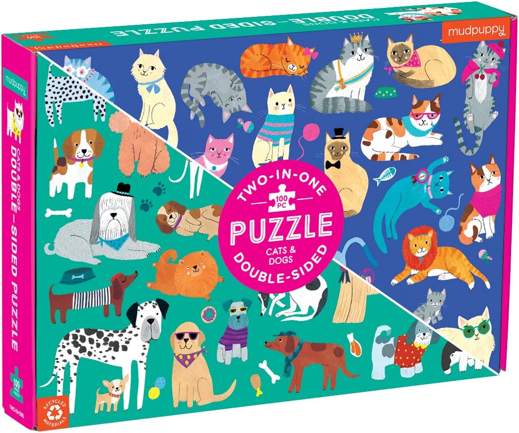 Mudpuppy Cats and Dogs Double-Sided Puzzle, 100 Pieces, 22”x16.5” – Perfect Family Puzzle for Ages 6+ – Colorful Illustrations of Dogs on One Side and Cats on the Other – Two Fun Puzzles in One Box