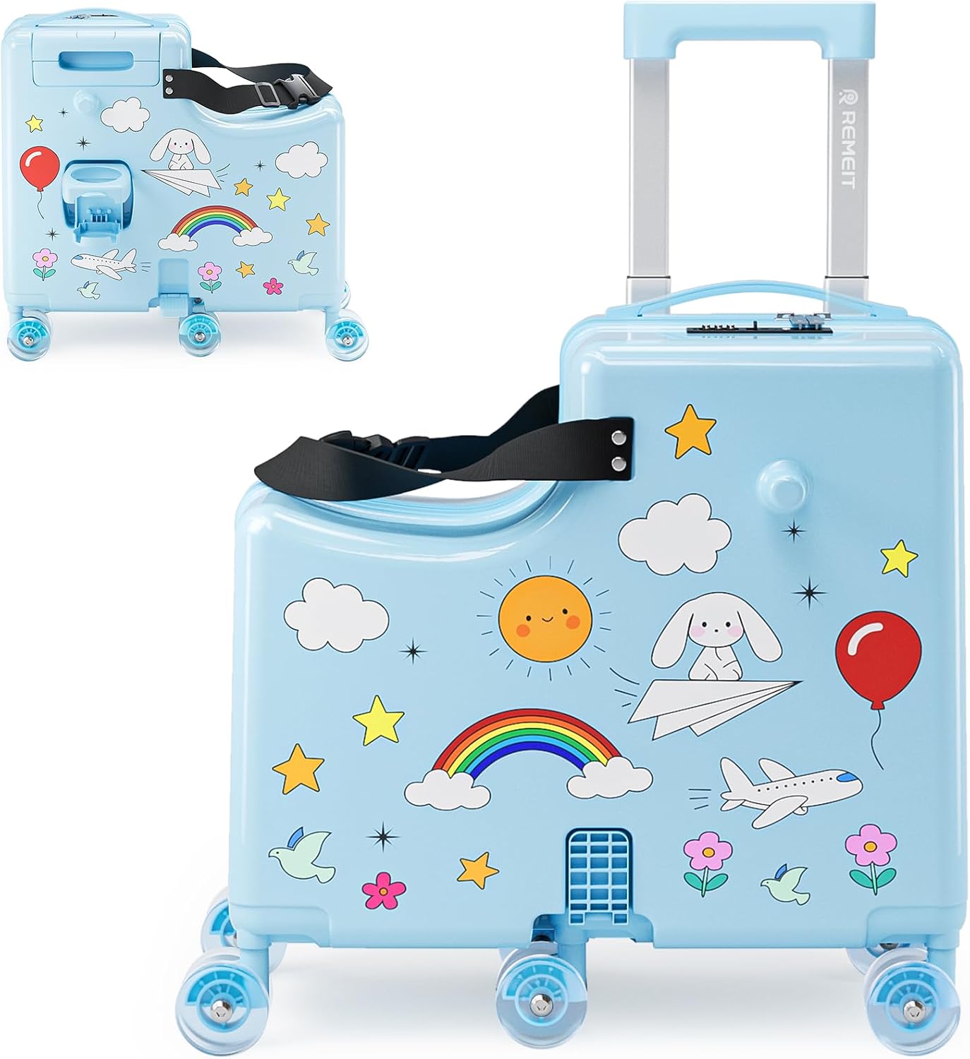 20″ Ride-On Suitcase for Kids, Kids Ride on Luggage with Toddler Seat, 6 Spinner Wheels, TSA Lock, Safety Belt, Foldable Pedal & Cup Holder, Carry on Luggage for Ages 2–7, Blue