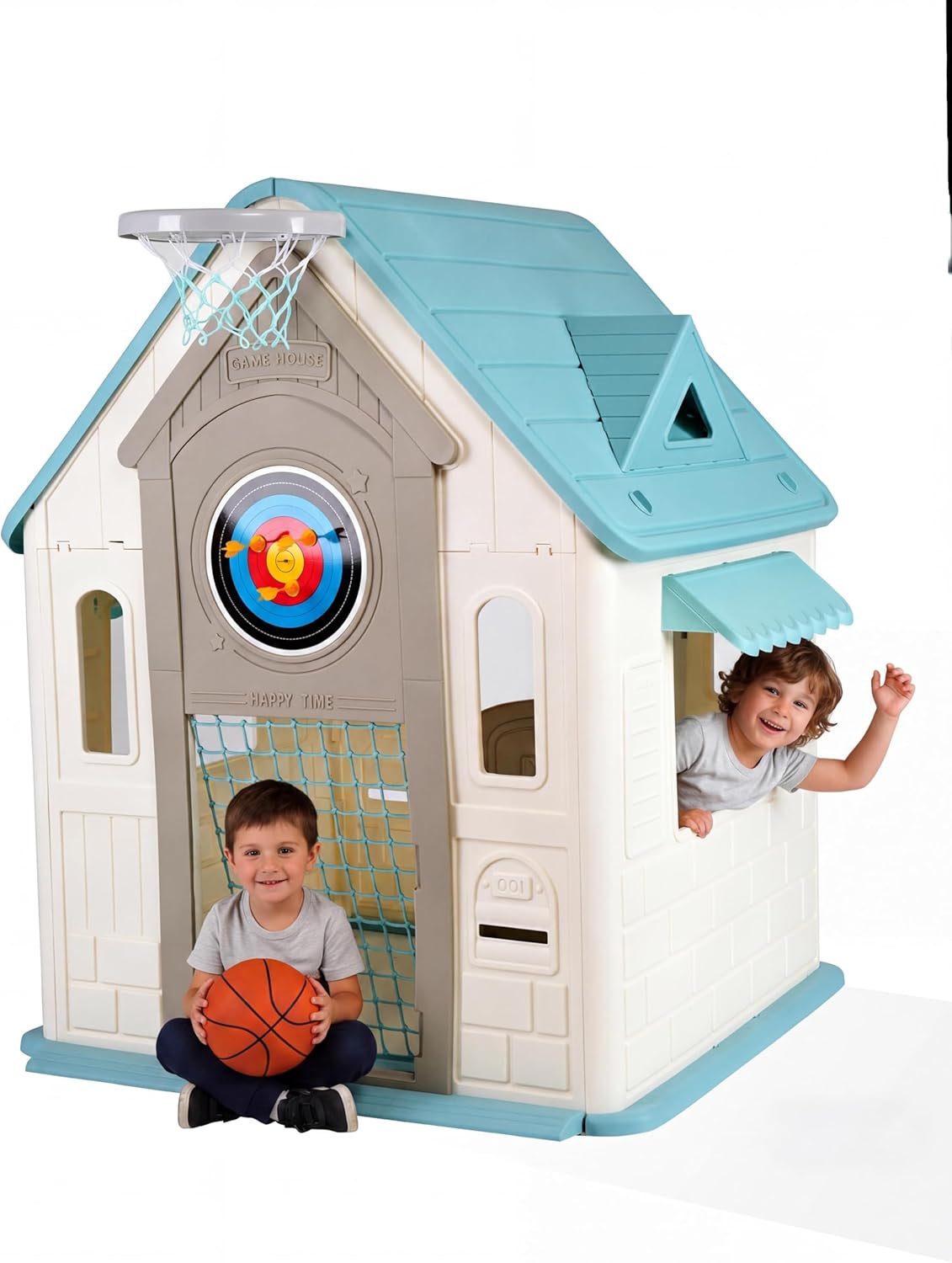 Kids Playhouse Cottage, 4-in-1 Toddlers Outdoor Playhouse for Imaginative Play, with Magnetic Dartboard, Basketball Hoop, Ring Toss, Soccer Goal, Green&White