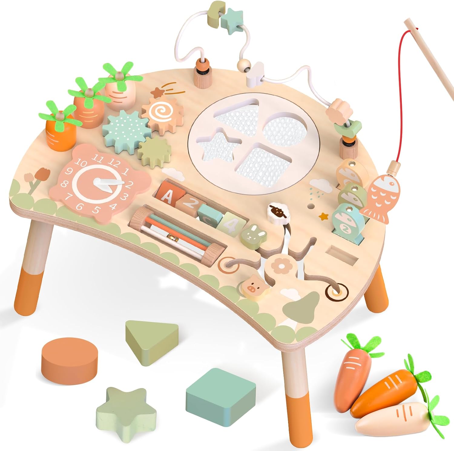 Wooden Activity Table for Toddlers 1-3, 9 in 1 Montessori Sensory Table with Bead Maze Shape Sorter Fishing Game, Baby Activity Table Learning Toys for 1 2 3 Year Old Boys Girls