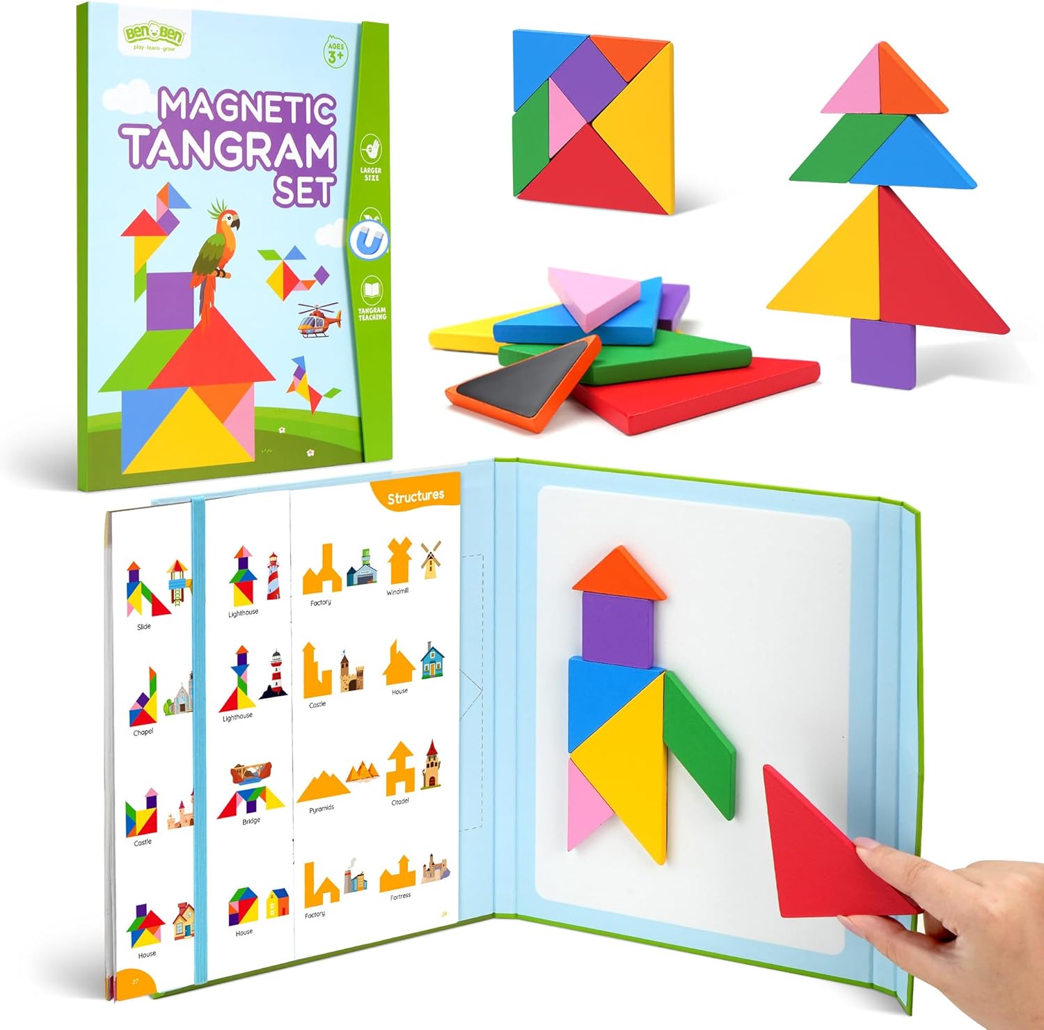 BenBen Travel Tangram Puzzle with Magnetic Wooden Shapes for Kids 4-8 8-12 | Extra Large Dual-Sided Magnet Surface, Color Pattern IQ Book, Road Trip Car Plane Game, Educational STEM Toys for Kids Adults