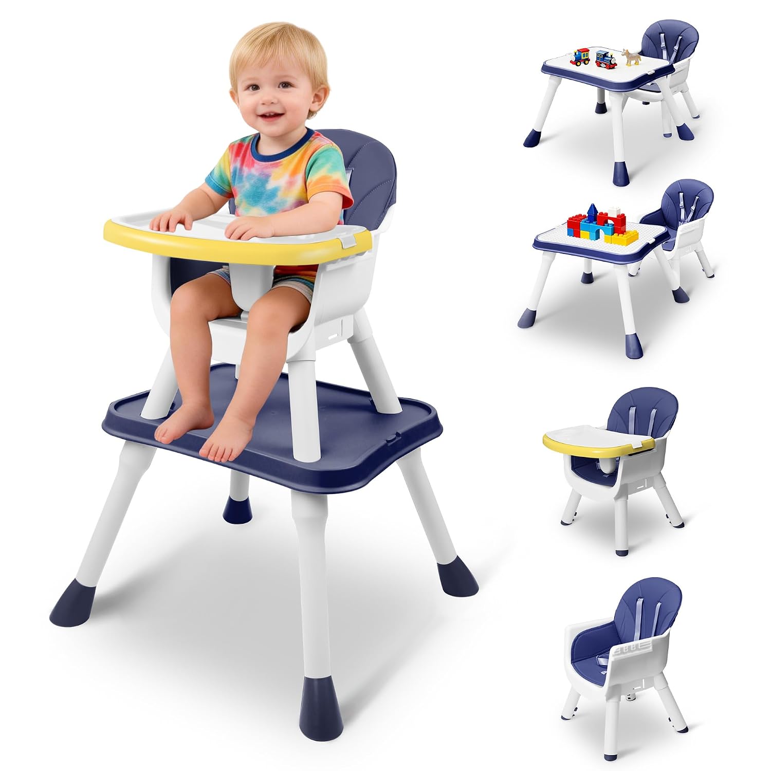 5 in 1 Baby High Chair, Toddler Chair with Removable Tray, Convertible High Chairs for Babies and Toddlers, Kids Learning Table, Building Block Table, Dining Booster Seat with Safety Harness, Blue