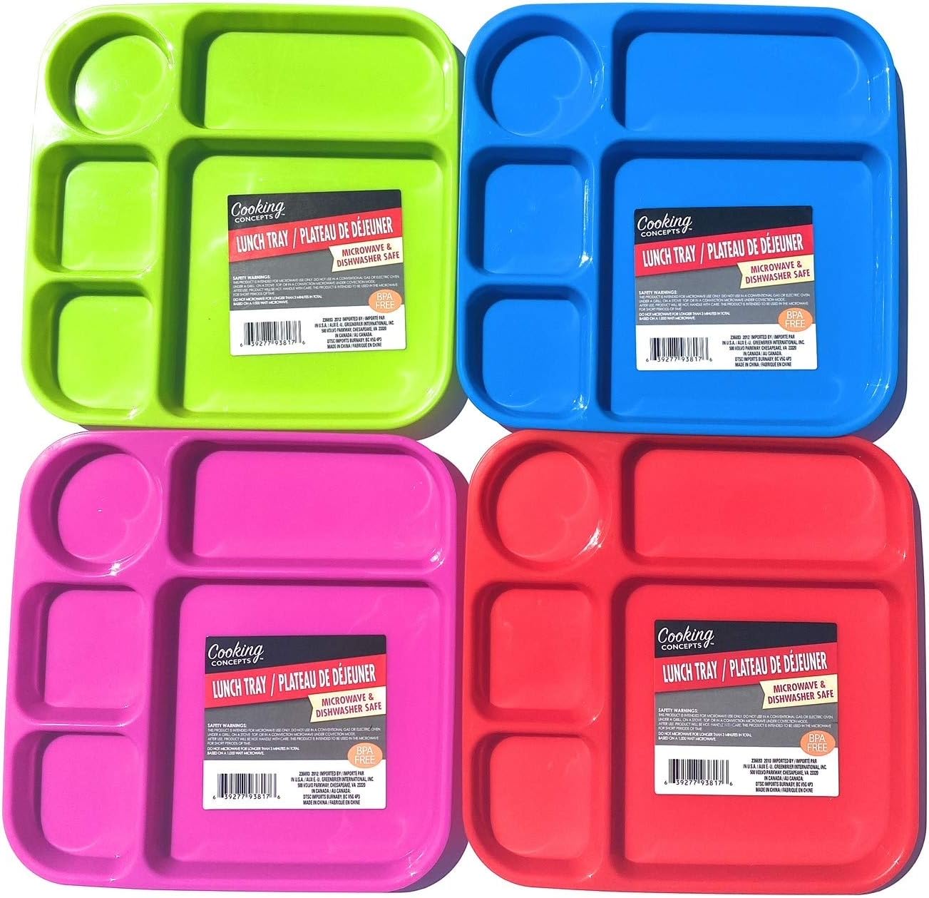 Cooking Concepts Divided Lunch Tray Bundle-Set of 4 Kids colorful dinner breakfast BPA free microwave dishwasher safe individual plates toddlers all ages