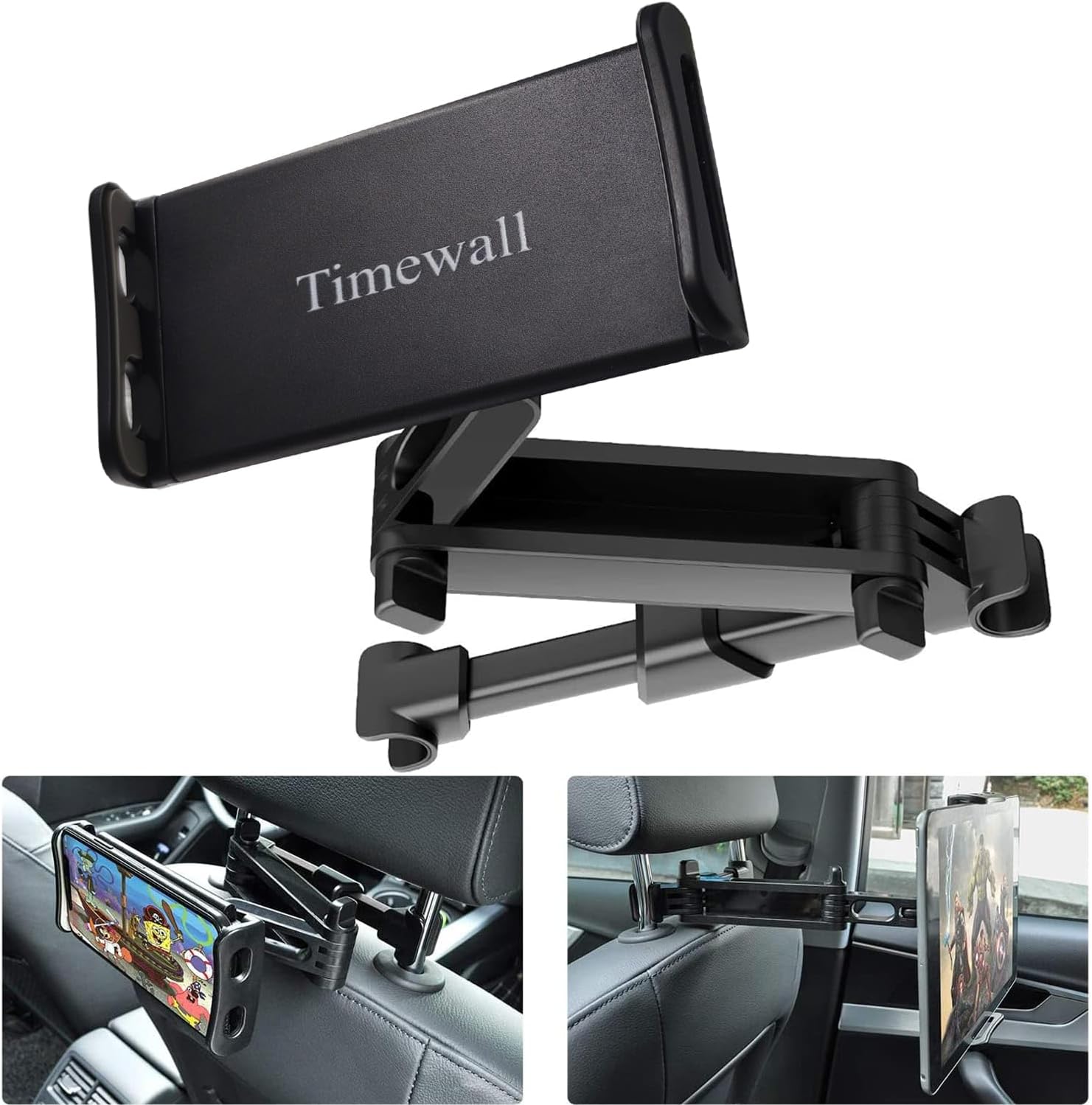 Timewall Car Headrest Tablet Phone Mount, Black, 5-11″ | Backseat Universal Cell Phone Holder, 360 Swivel Rotating, Angle Adjustable Stretchable