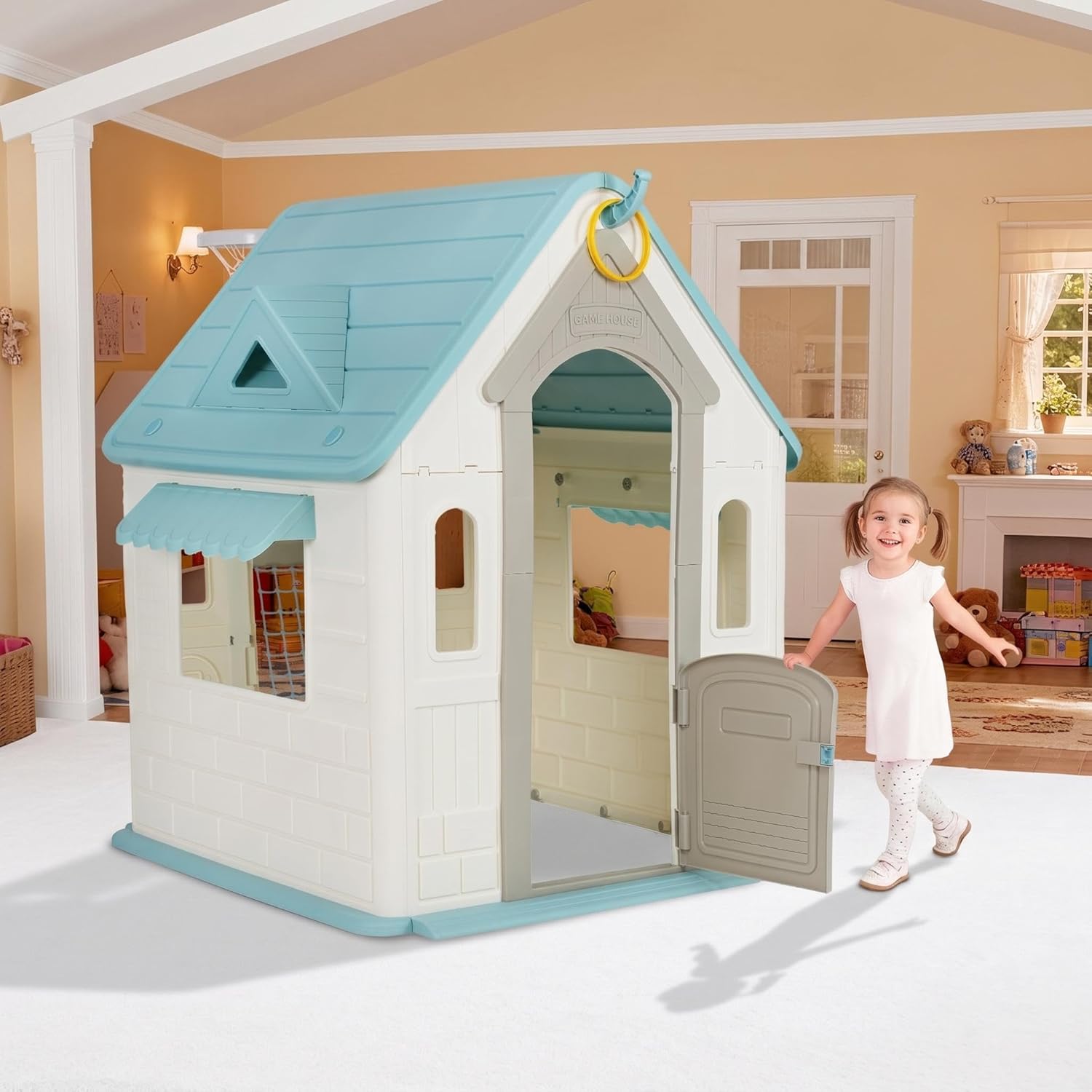 Charming Cottage Kids Playhouse – Indoor and Outdoor Clubhouse Playset with Basketball Hoop, Soccer Goal, Magnetic Dartboard, Ring Toss