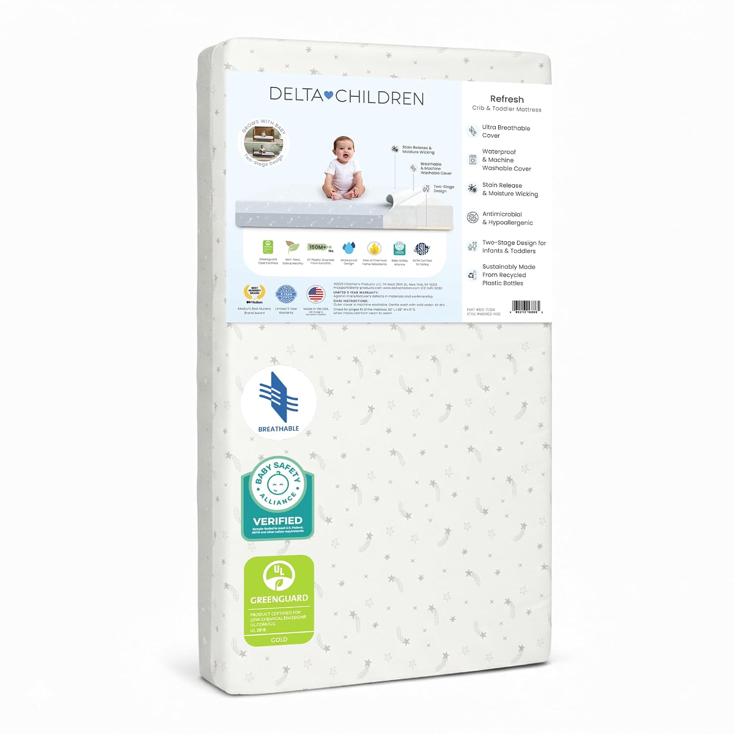 Delta Children Refresh 2-Stage Crib and Toddler Mattress – Breathable Cover and Core – Machine Washable – GREENGUARD Gold – Waterproof – Sustainably Sourced Core, Grey